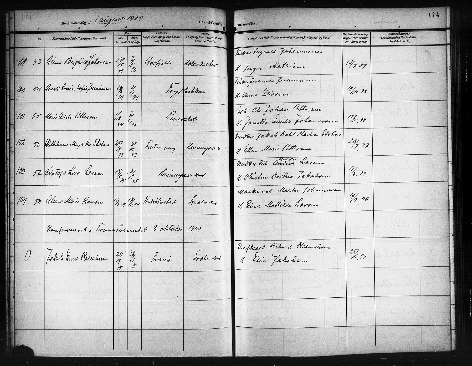 Ministerialprotokoller, klokkerbøker og fødselsregistre - Nordland, SAT/A-1459/874/L1079: Parish register (copy) no. 874C08, 1907-1915, p. 174