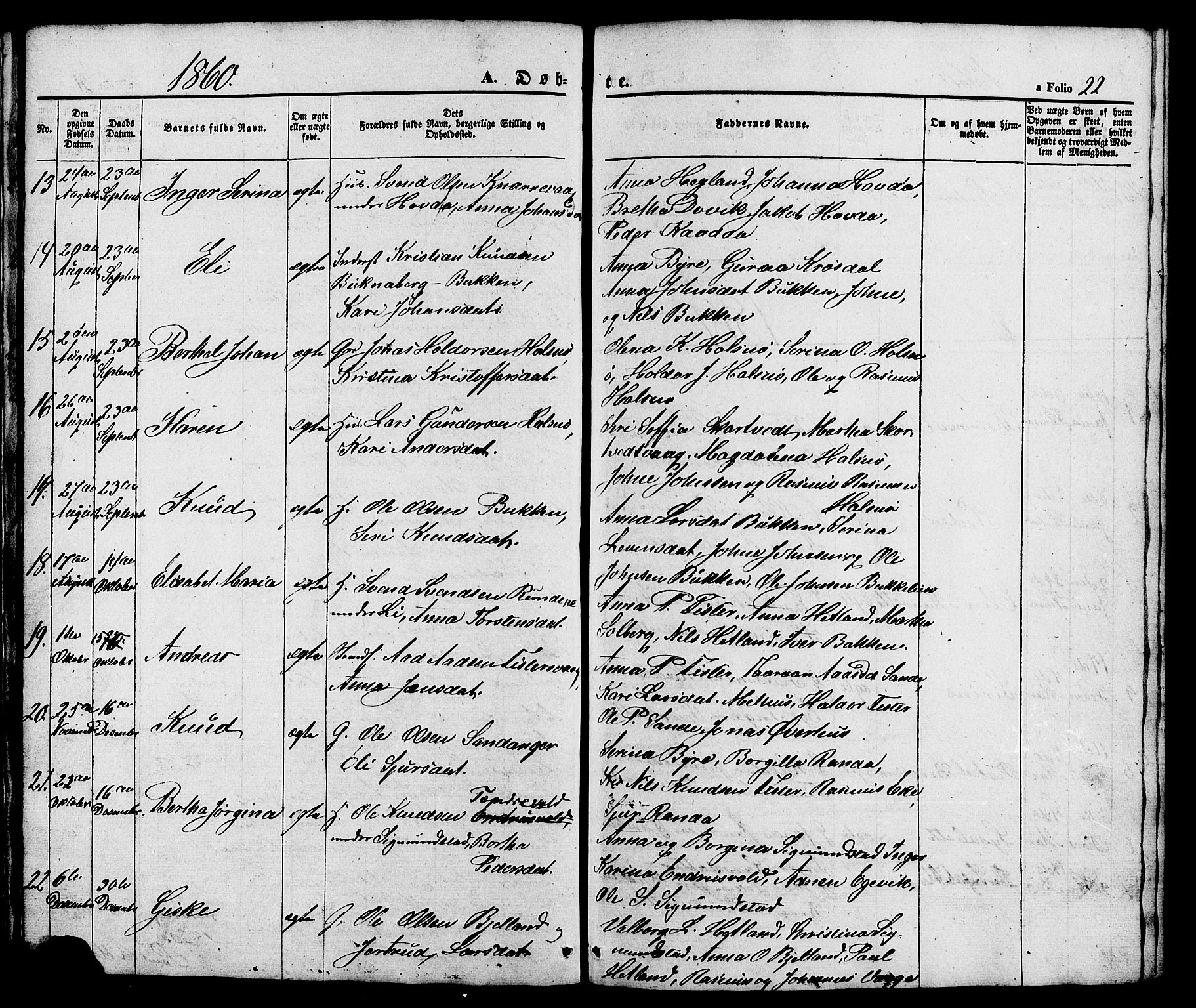Hjelmeland sokneprestkontor, SAST/A-101843/01/V/L0005: Parish register (copy) no. B 5, 1853-1892, p. 22