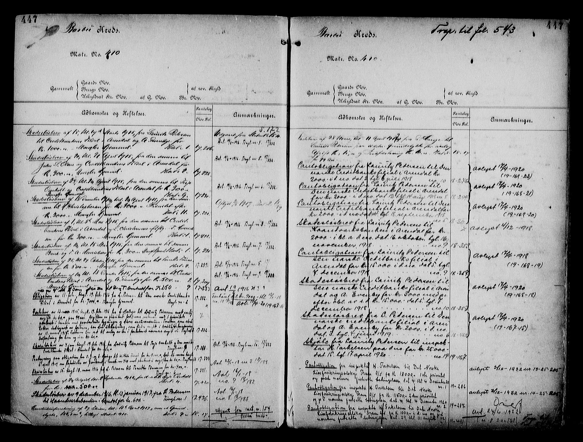 Arendal byfogd, AV/SAK-1222-0001/G/Ga/L0014: Mortgage register no. 12, 1865-1960, p. 447