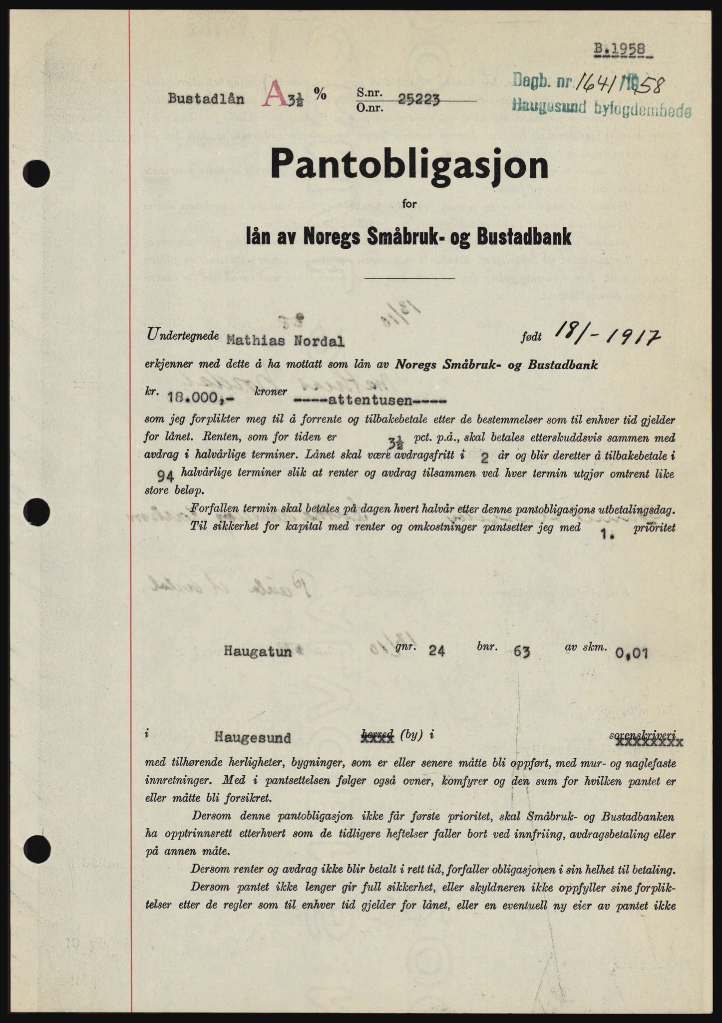 Haugesund tingrett, SAST/A-101415/01/II/IIC/L0044: Mortgage book no. B 44, 1958-1959, Diary no: : 1641/1958