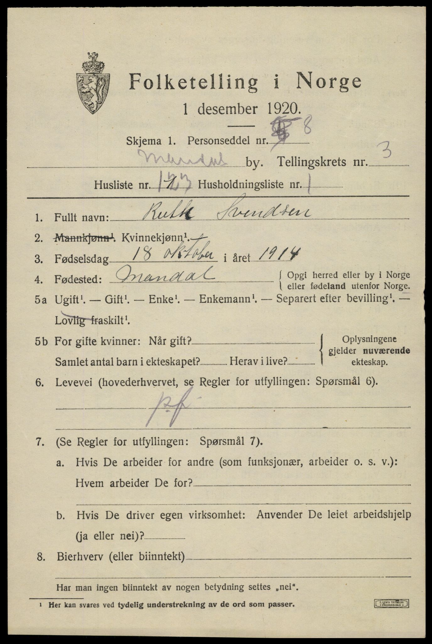 SAK, 1920 census for Mandal, 1920, p. 6867