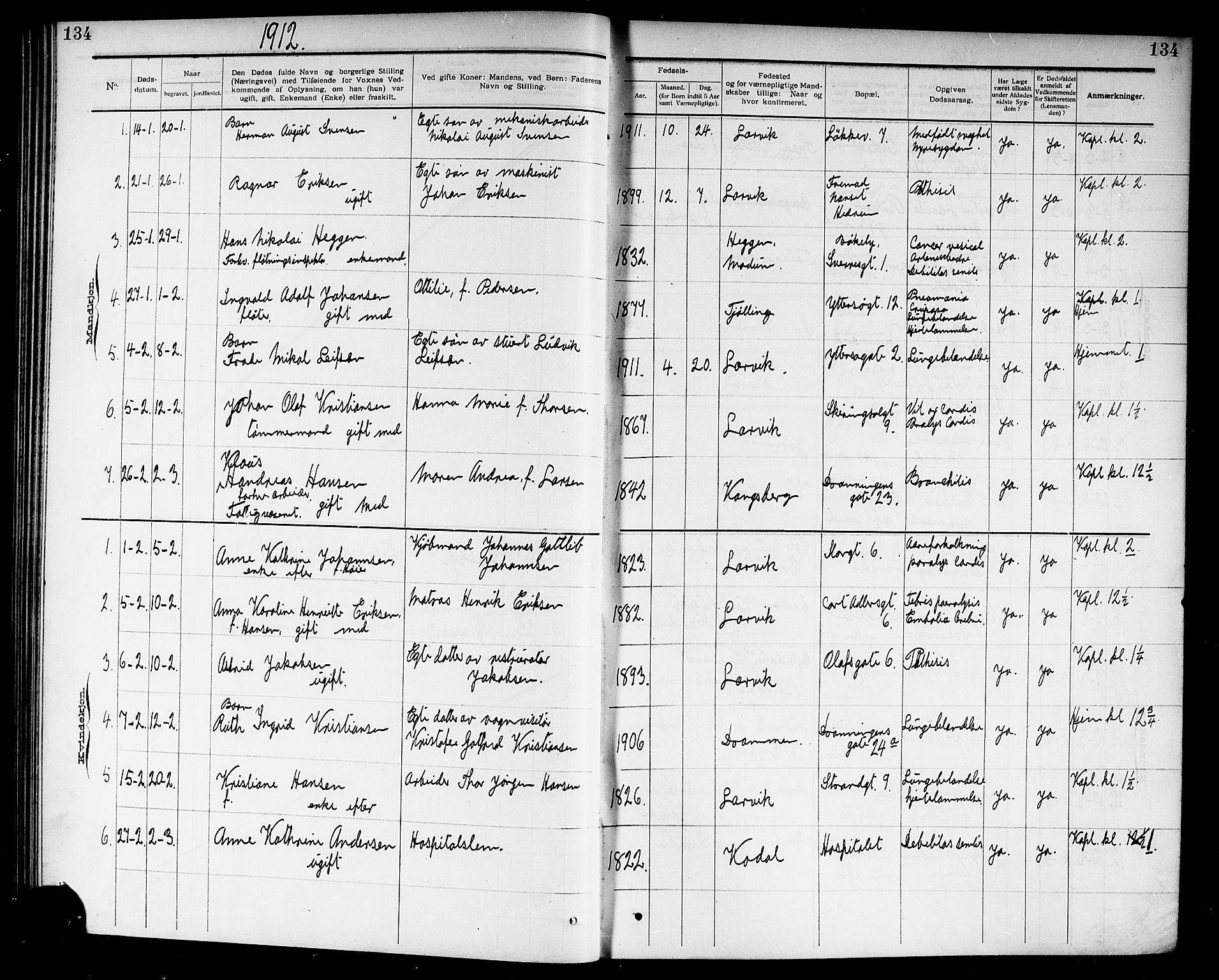 Larvik kirkebøker, SAKO/A-352/G/Ga/L0007: Parish register (copy) no. I 7, 1888-1918, p. 134