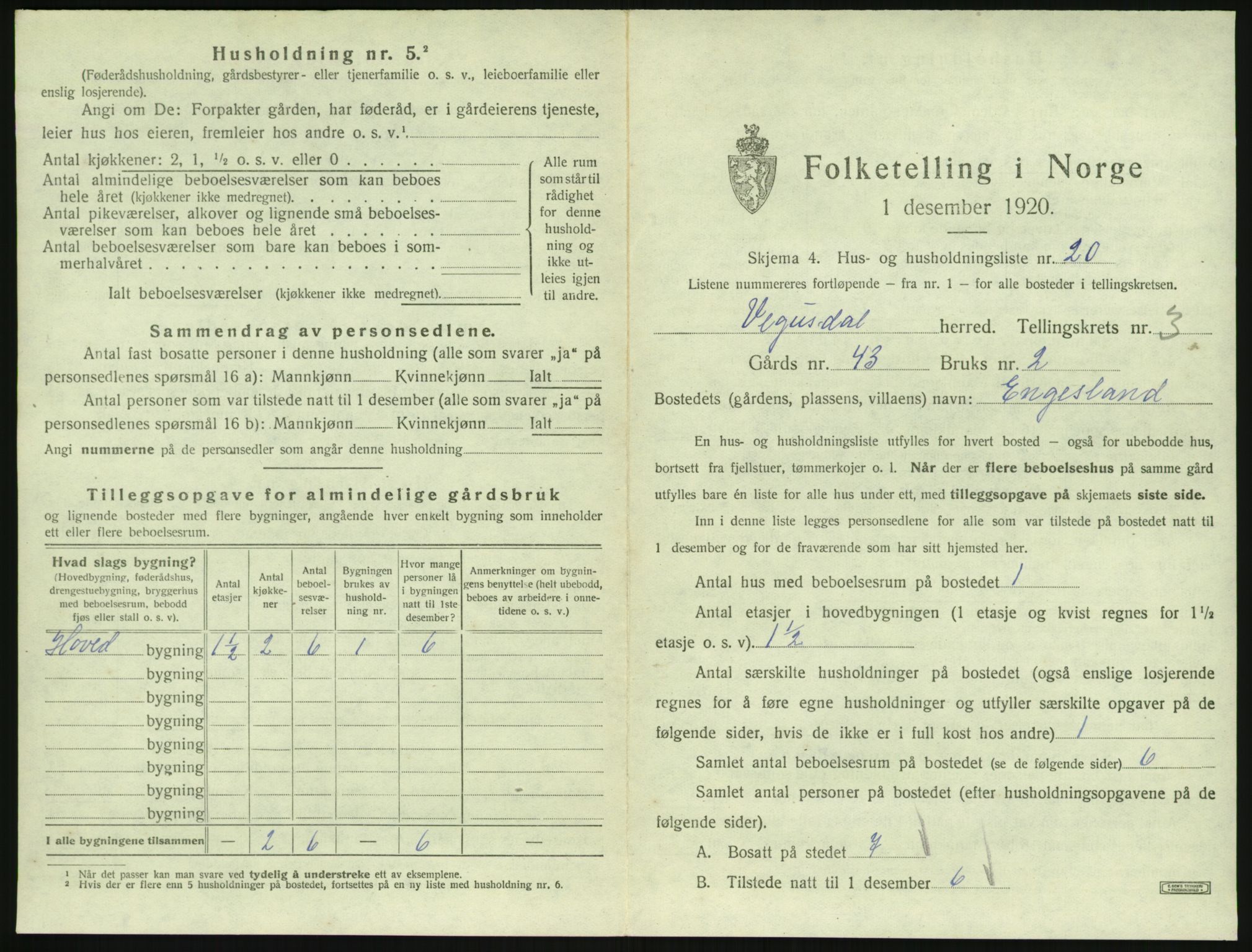 SAK, 1920 census for Vegusdal, 1920, p. 155