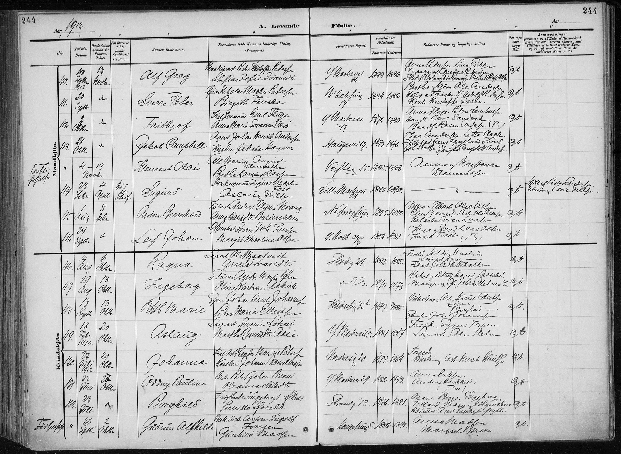 Nykirken Sokneprestembete, AV/SAB-A-77101/H/Haa/L0019: Parish register (official) no. B 7, 1904-1916, p. 244