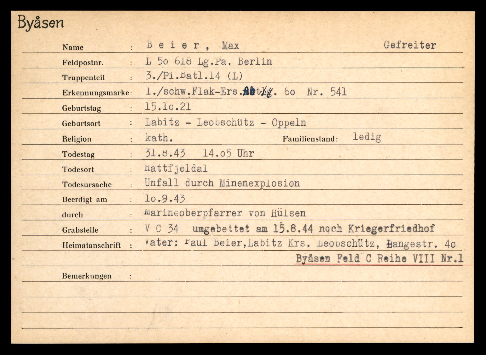 Distriktskontoret for krigsgraver, AV/SAT-A-5030/E/L0004: Kasett/kartotek over tysk Krigskirkegård på Byåsen, 1945, p. 95