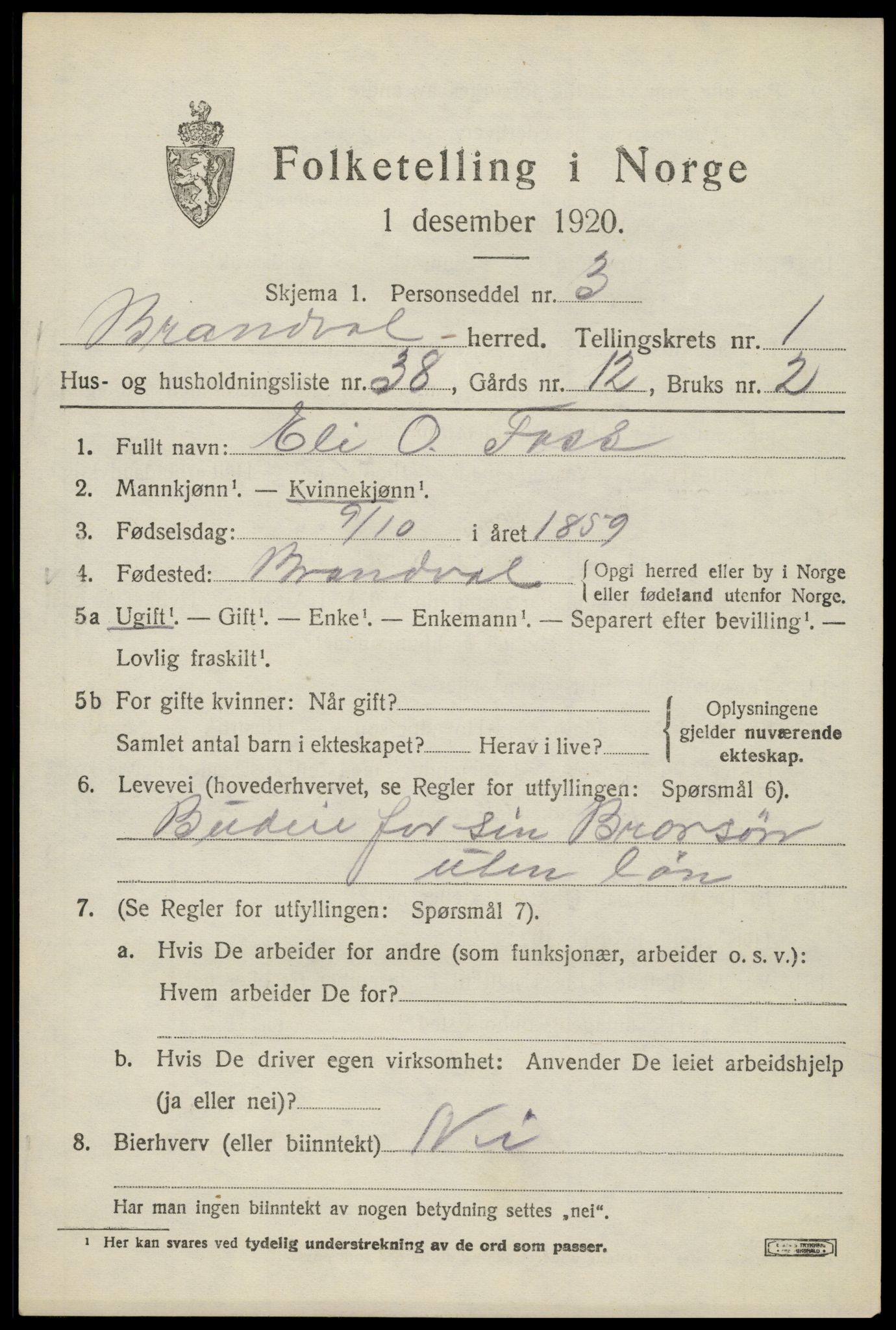 SAH, 1920 census for Brandval, 1920, p. 2008