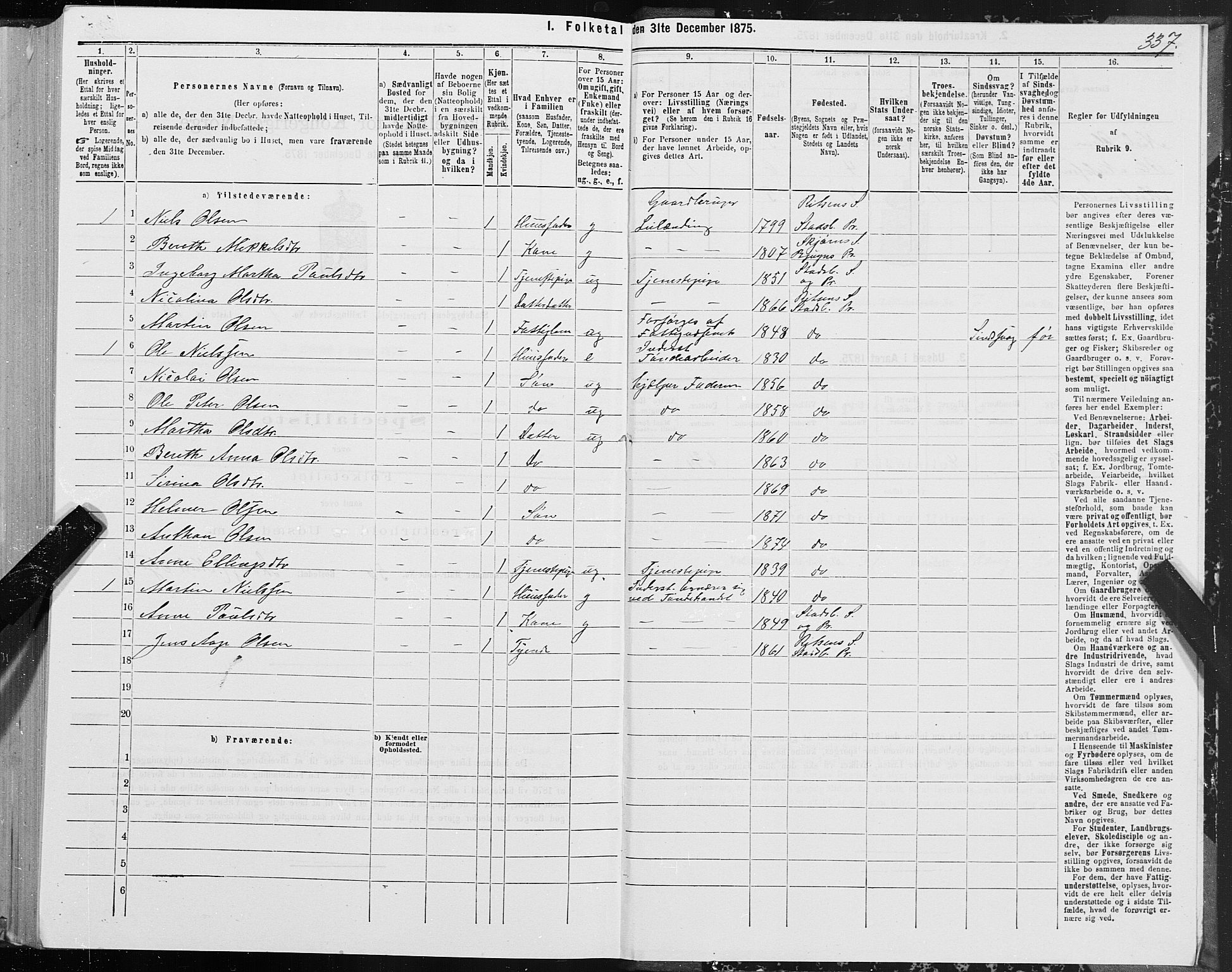 SAT, 1875 census for 1625P Stadsbygd, 1875, p. 4337