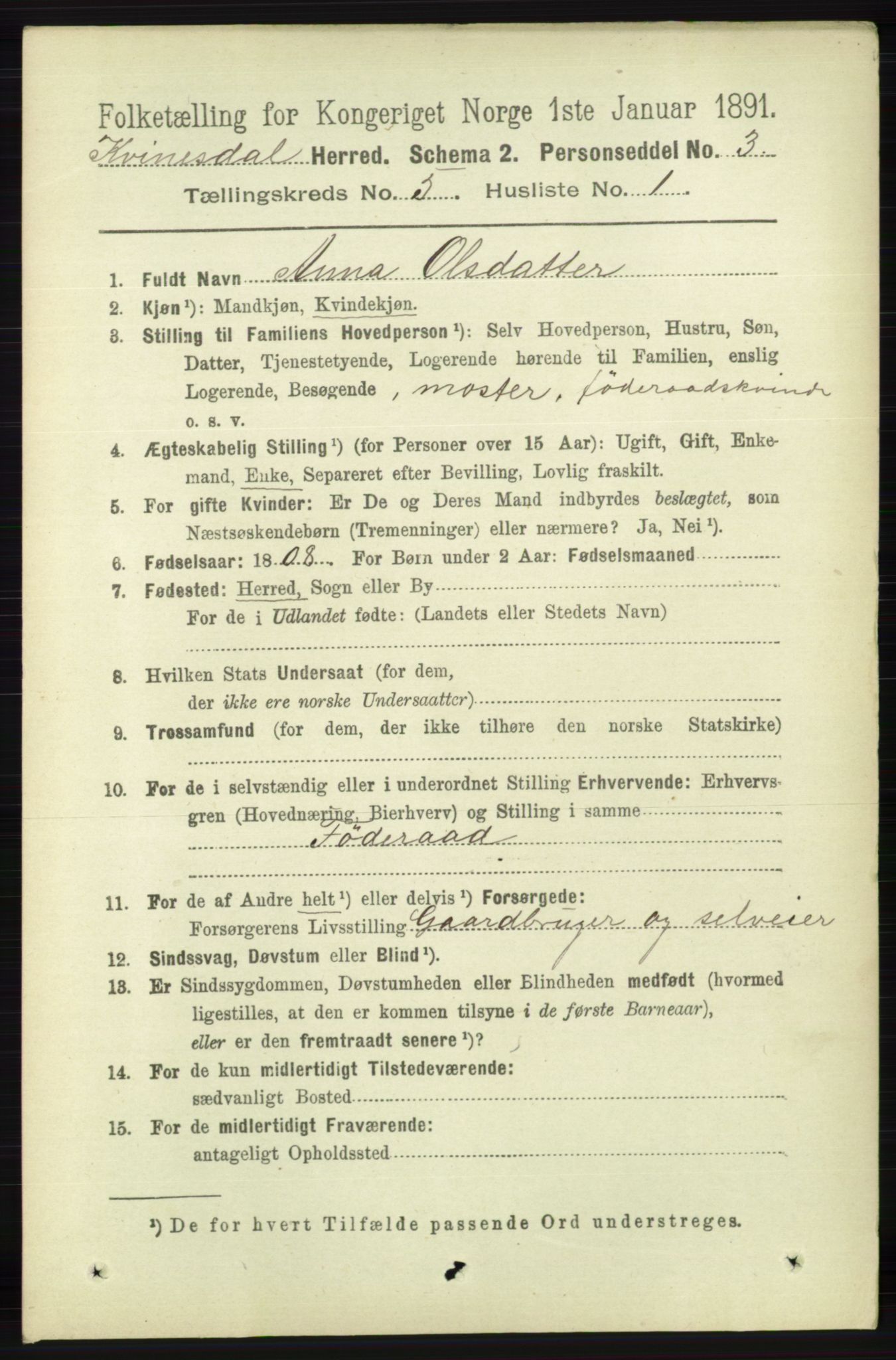 RA, 1891 census for 1037 Kvinesdal, 1891, p. 1701