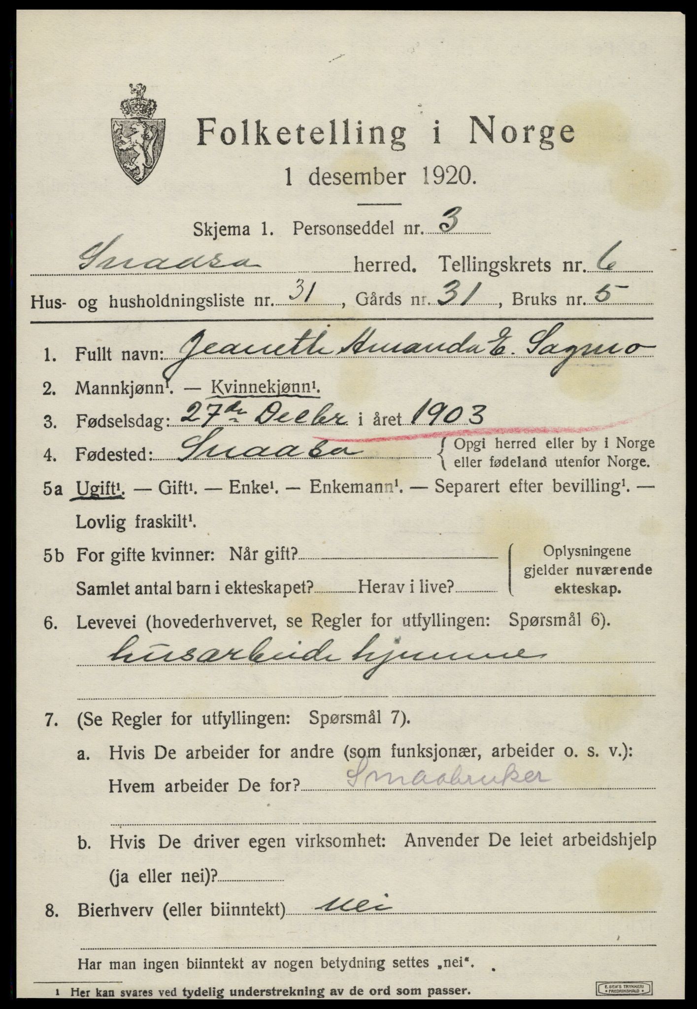 SAT, 1920 census for Snåsa, 1920, p. 2906