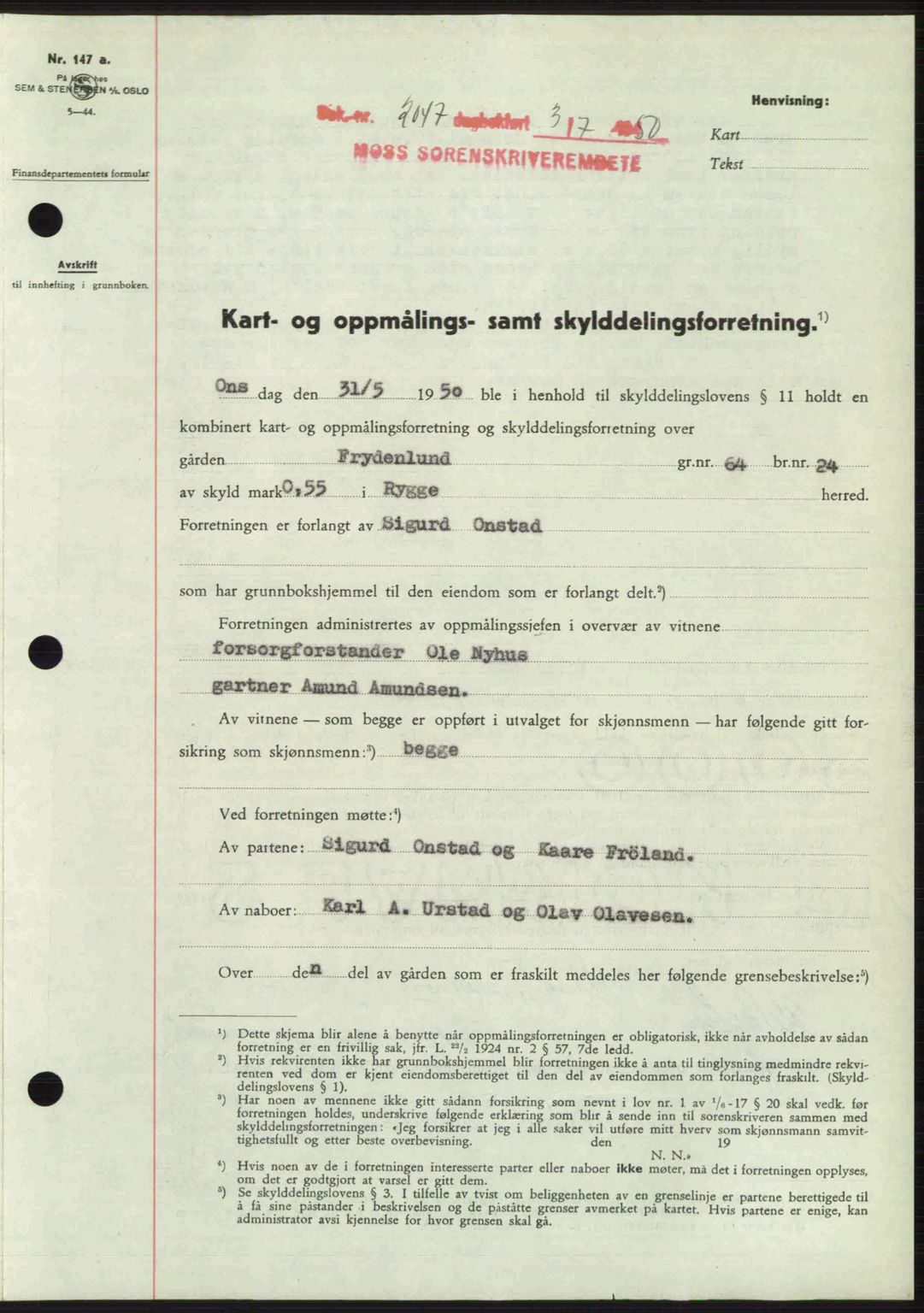 Moss sorenskriveri, AV/SAO-A-10168: Mortgage book no. A26, 1950-1950, Diary no: : 2047/1950