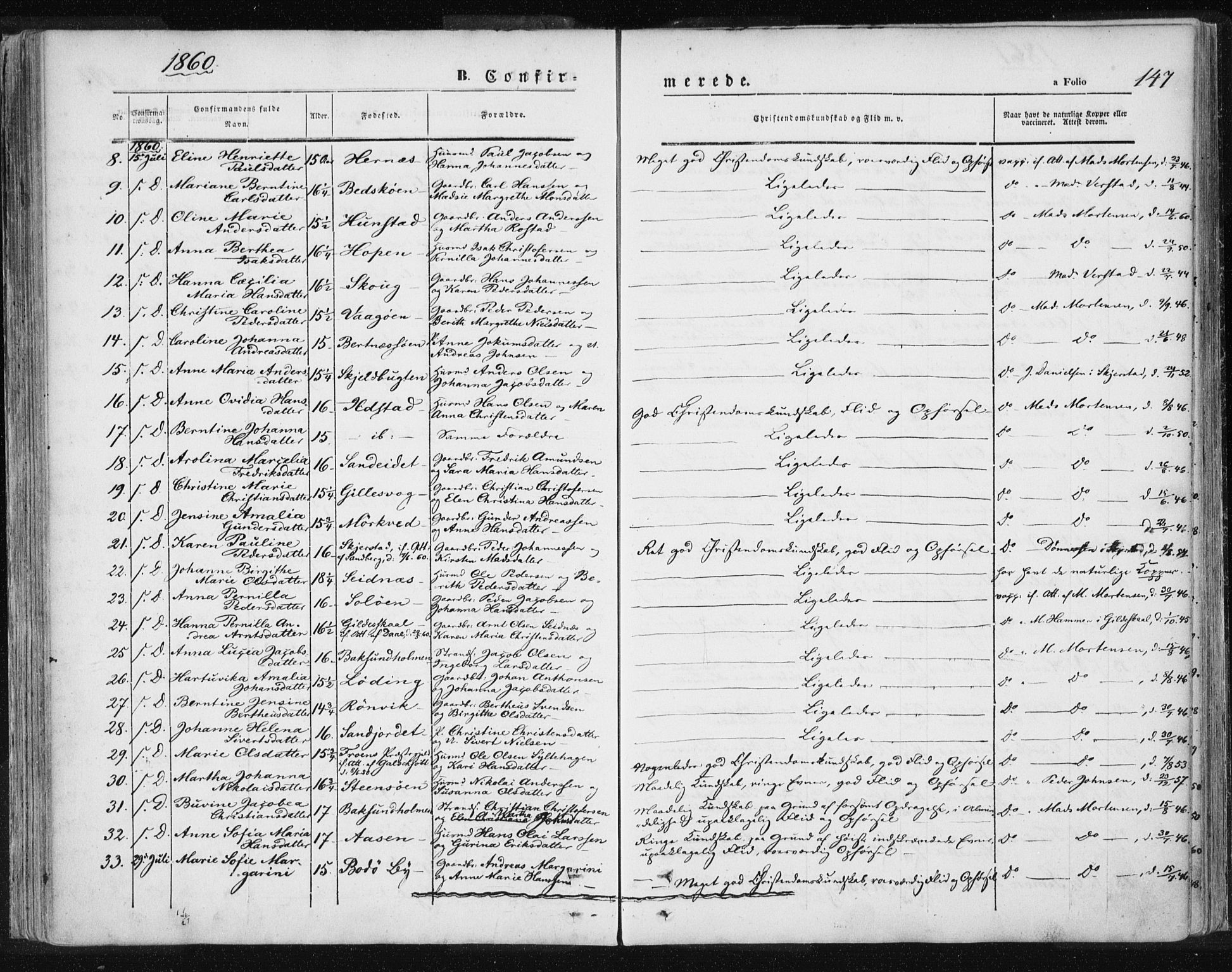 Ministerialprotokoller, klokkerbøker og fødselsregistre - Nordland, AV/SAT-A-1459/801/L0007: Parish register (official) no. 801A07, 1845-1863, p. 147