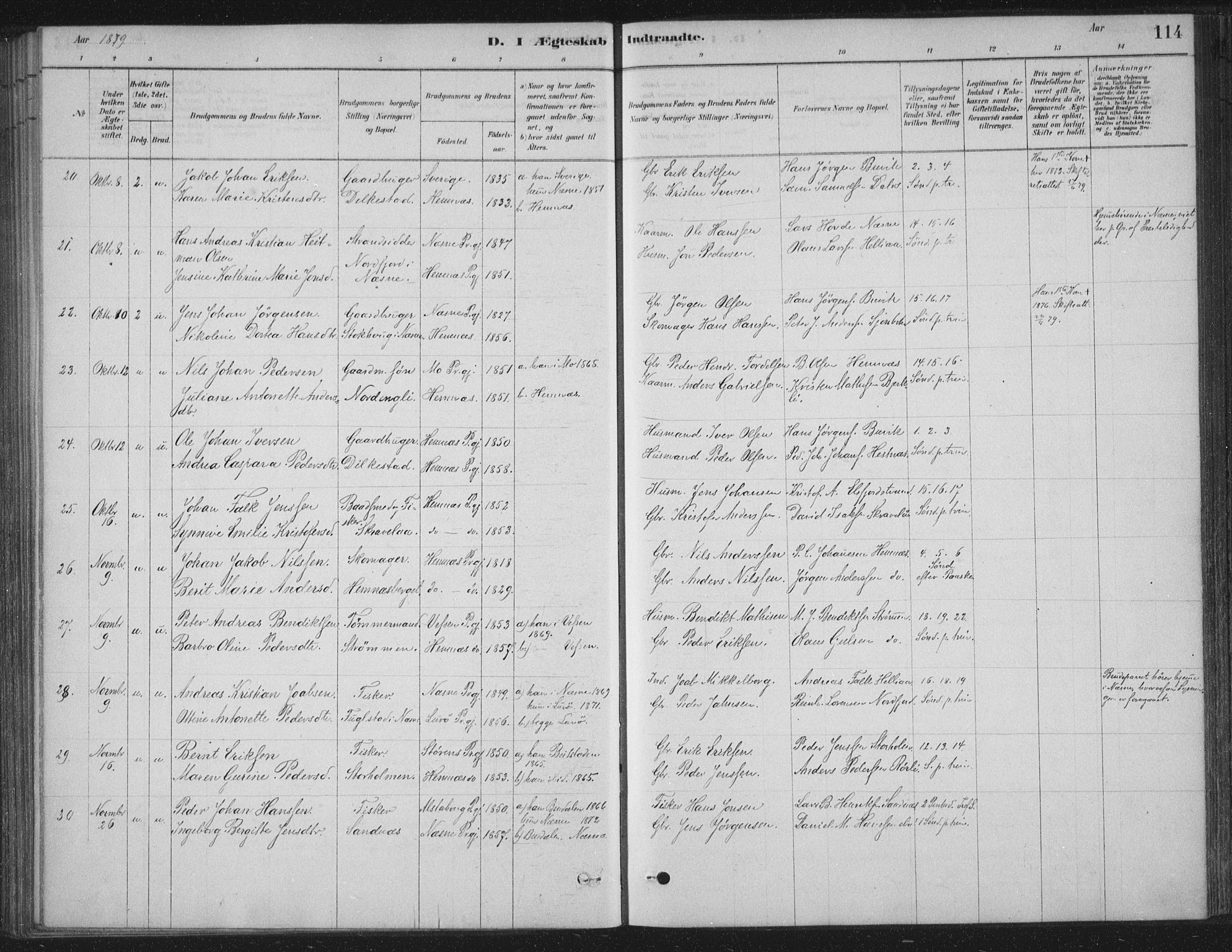 Ministerialprotokoller, klokkerbøker og fødselsregistre - Nordland, AV/SAT-A-1459/825/L0361: Parish register (official) no. 825A15, 1878-1893, p. 114