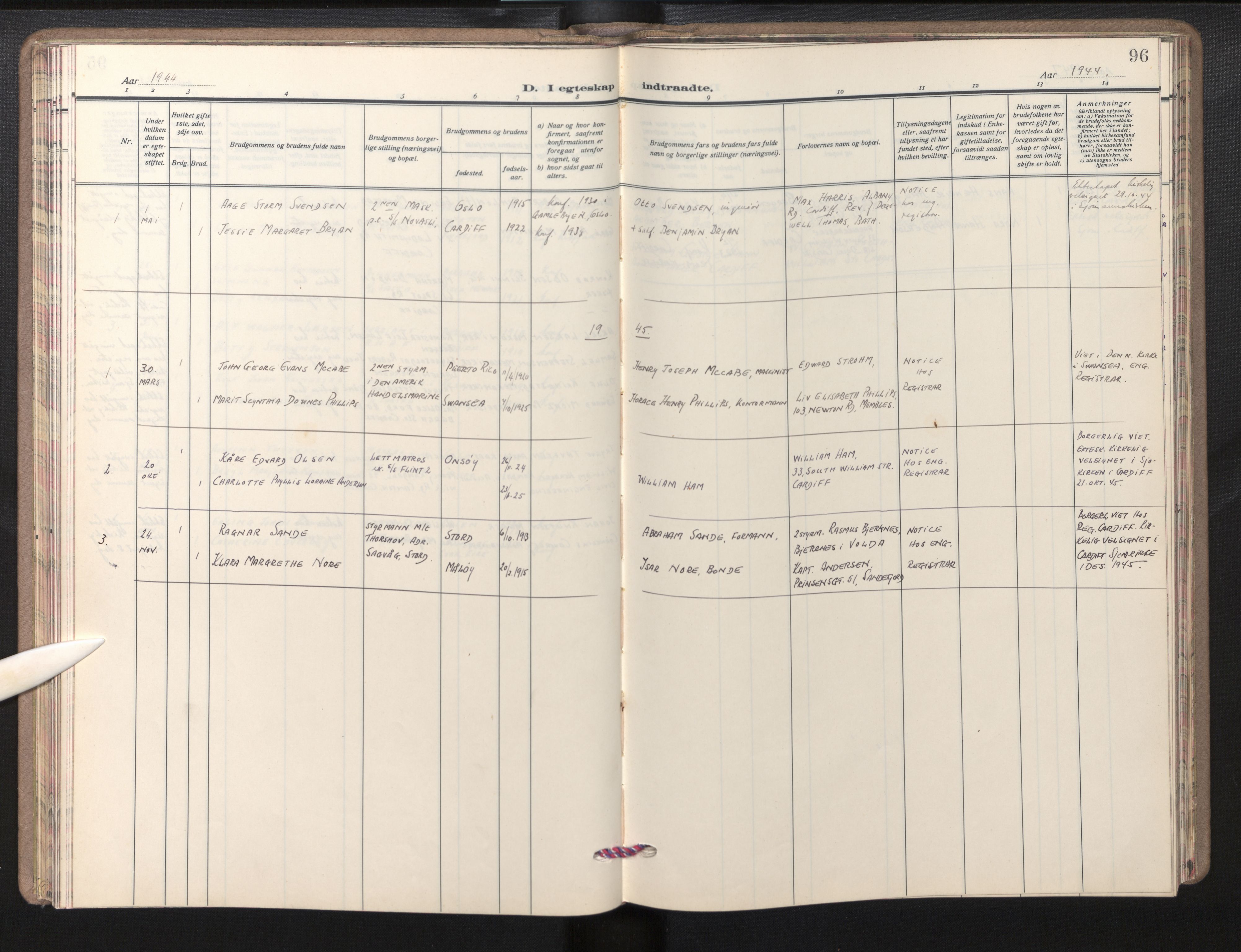 Den norske sjømannsmisjon i utlandet/Bristolhavnene(Cardiff-Swansea), SAB/SAB/PA-0102/H/Ha/Haa/L0003: Parish register (official) no. A 3, 1932-1966, p. 95b-96a