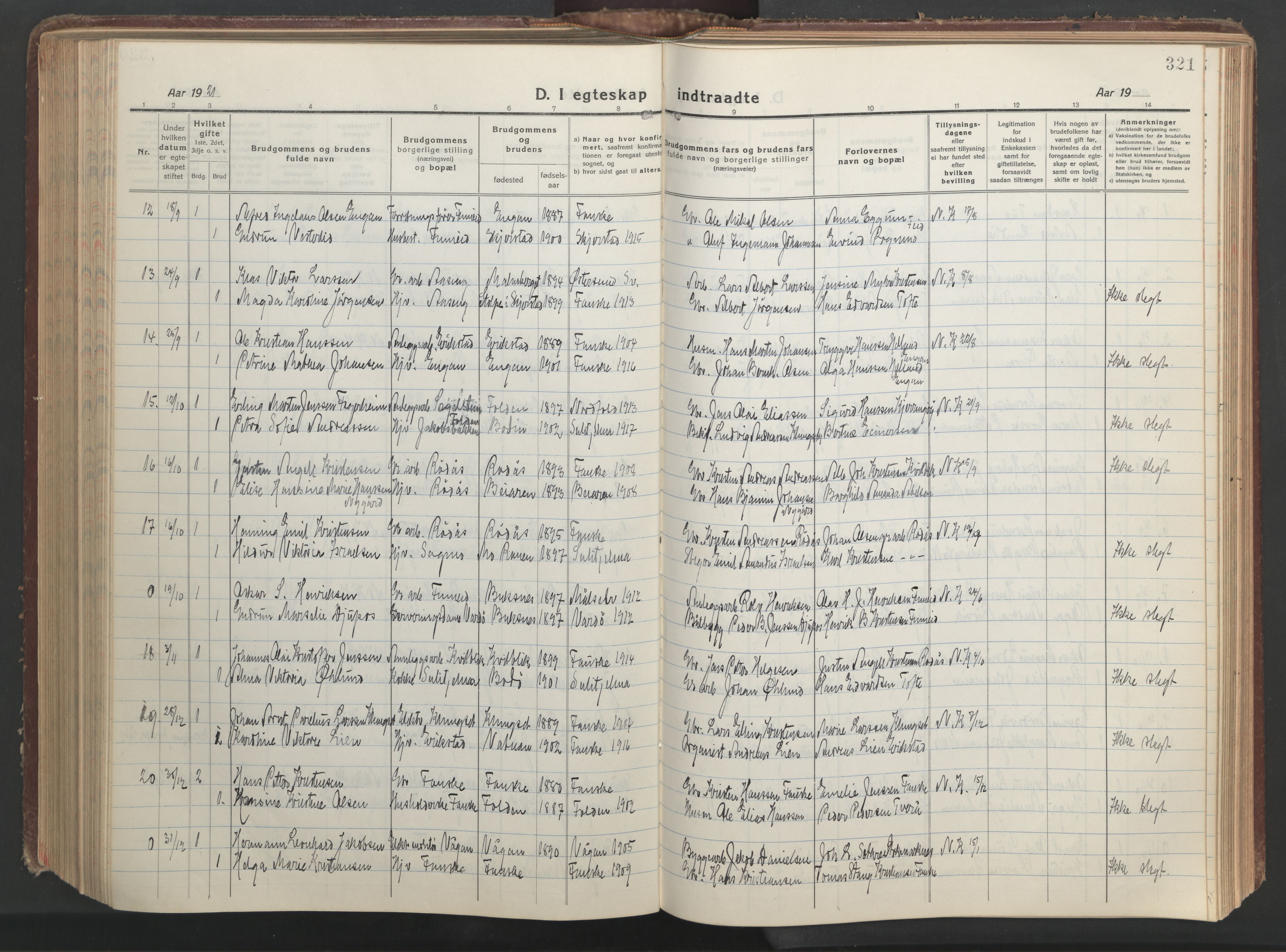 Ministerialprotokoller, klokkerbøker og fødselsregistre - Nordland, AV/SAT-A-1459/849/L0700: Parish register (copy) no. 849C01, 1919-1946, p. 321