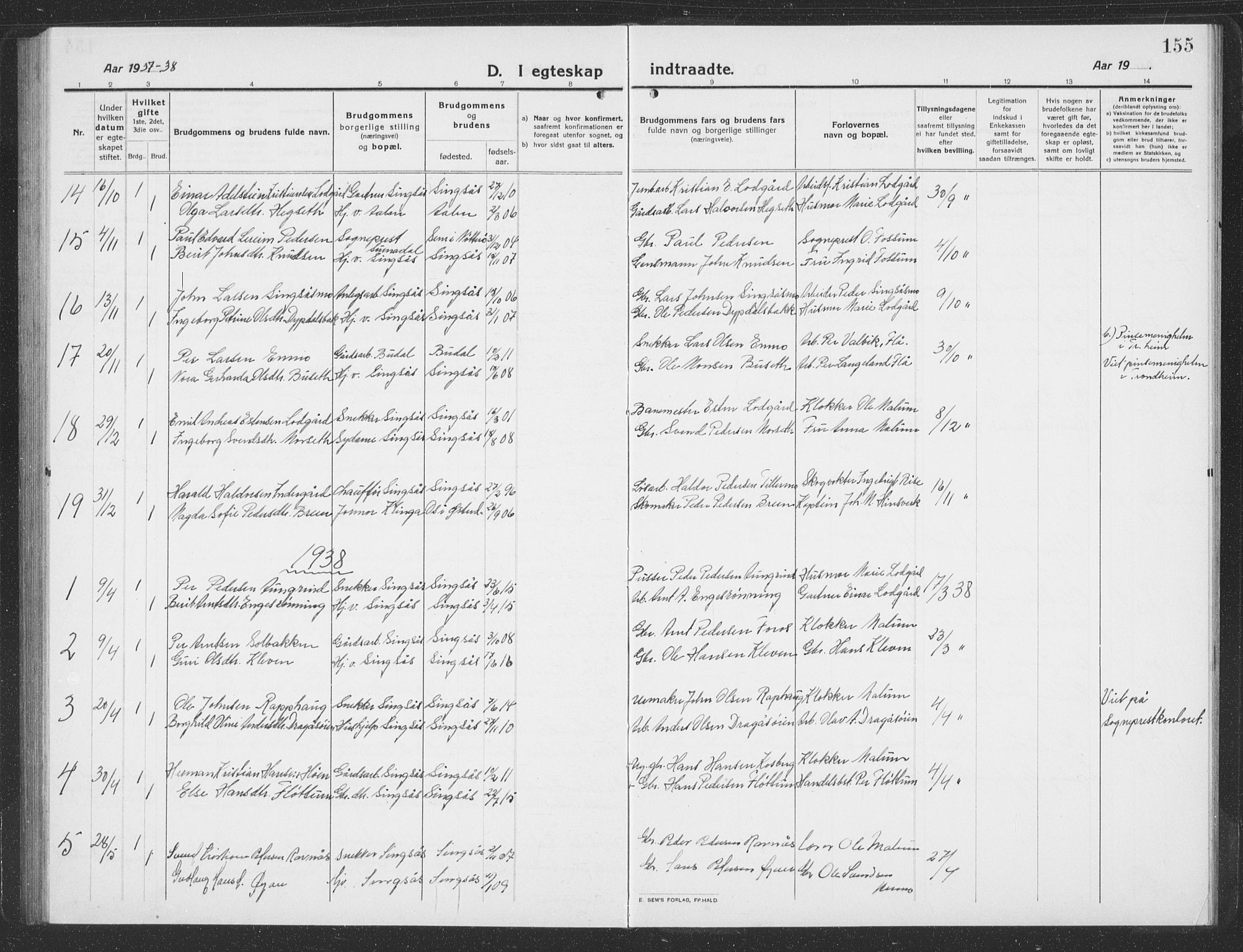 Ministerialprotokoller, klokkerbøker og fødselsregistre - Sør-Trøndelag, SAT/A-1456/688/L1030: Parish register (copy) no. 688C05, 1916-1939, p. 155