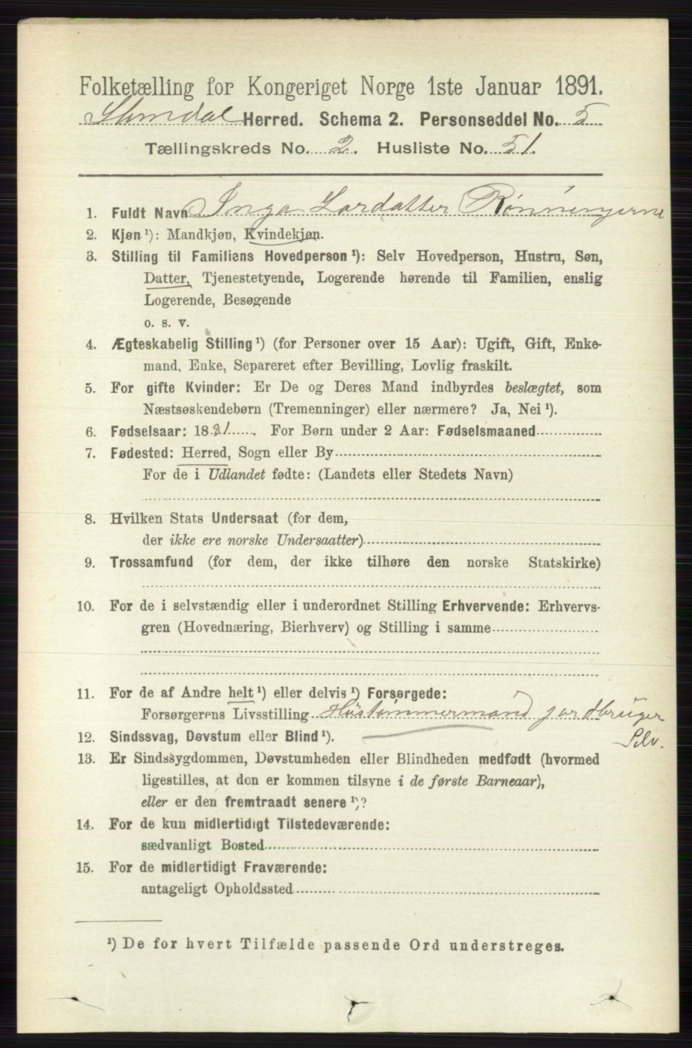 RA, 1891 census for 0811 Slemdal, 1891, p. 685