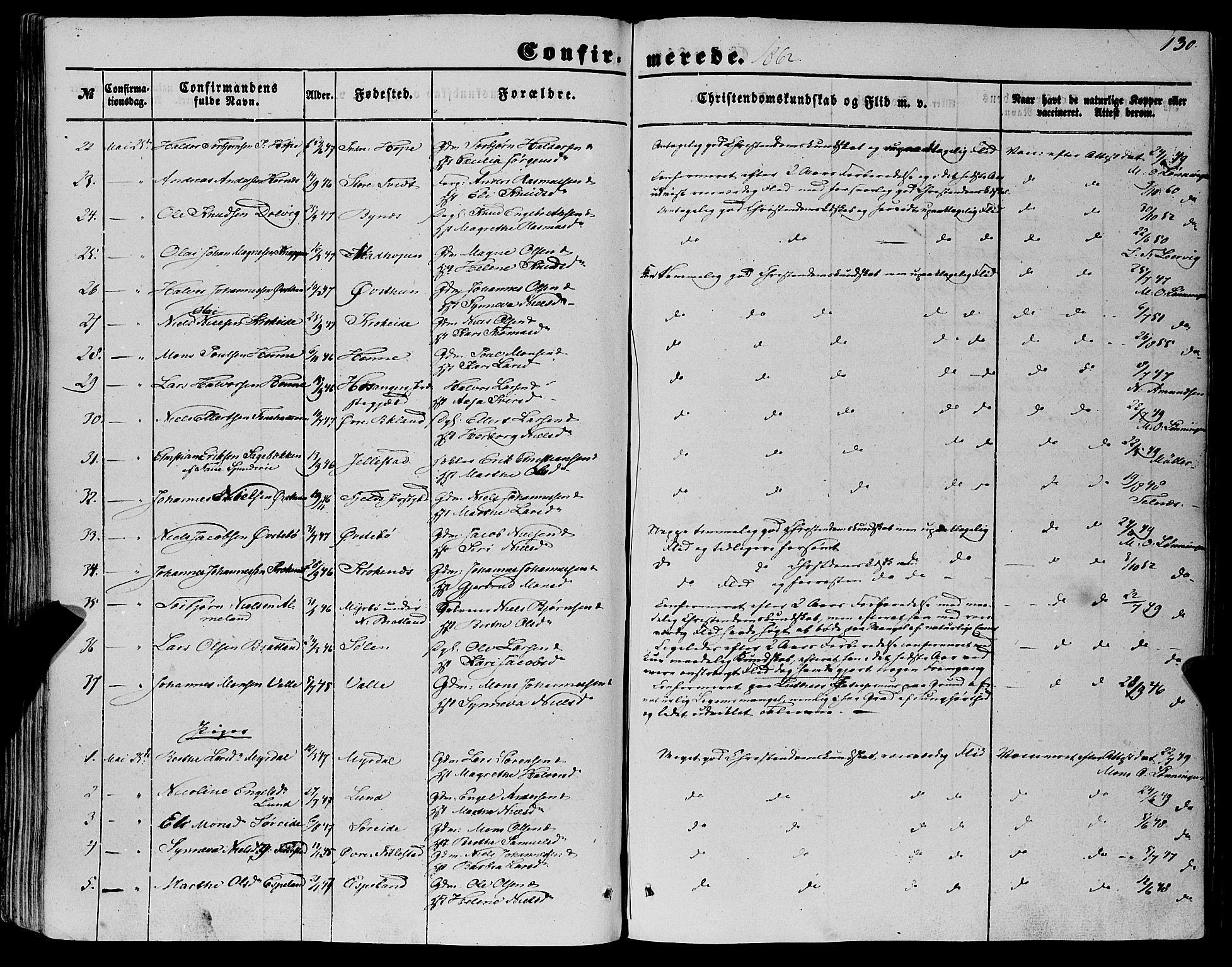 Fana Sokneprestembete, SAB/A-75101/H/Haa/Haaa/L0011: Parish register (official) no. A 11, 1851-1862, p. 130