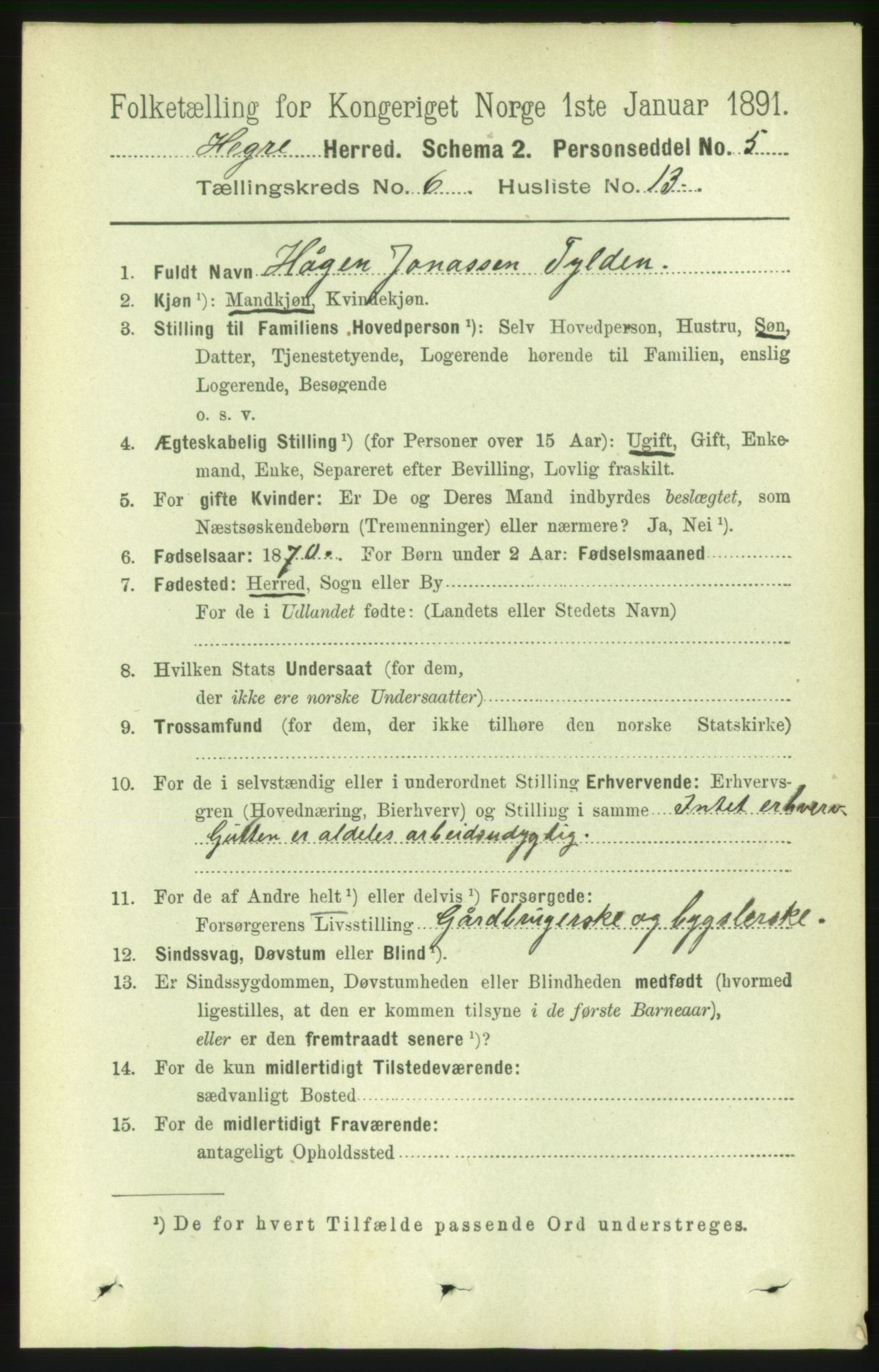 RA, 1891 census for 1712 Hegra, 1891, p. 2423