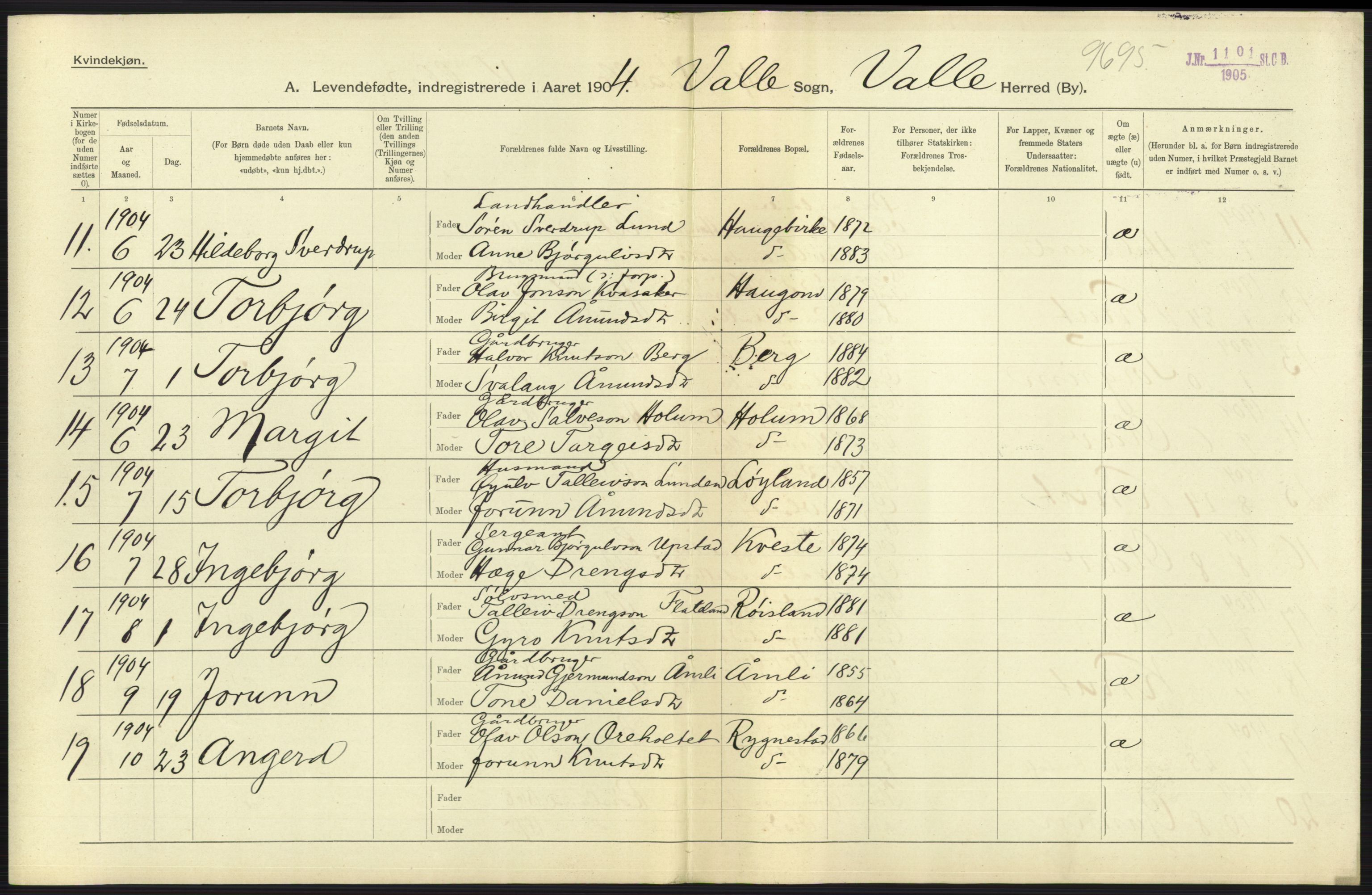 Statistisk sentralbyrå, Sosiodemografiske emner, Befolkning, AV/RA-S-2228/D/Df/Dfa/Dfab/L0010: Nedenes amt: Fødte, gifte, døde, 1904, p. 239