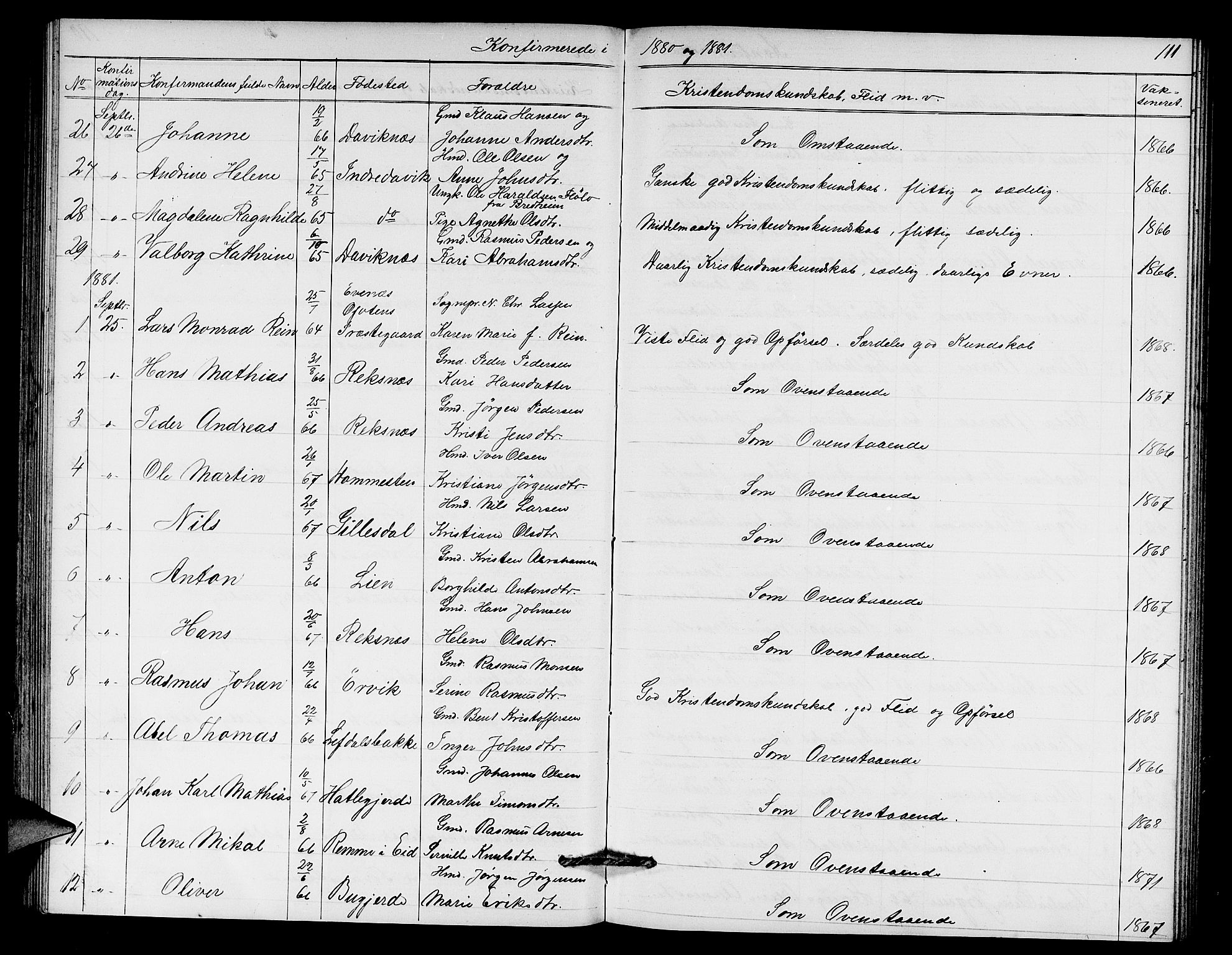 Davik sokneprestembete, AV/SAB-A-79701/H/Hab/Haba/L0001: Parish register (copy) no. A 1, 1866-1889, p. 111