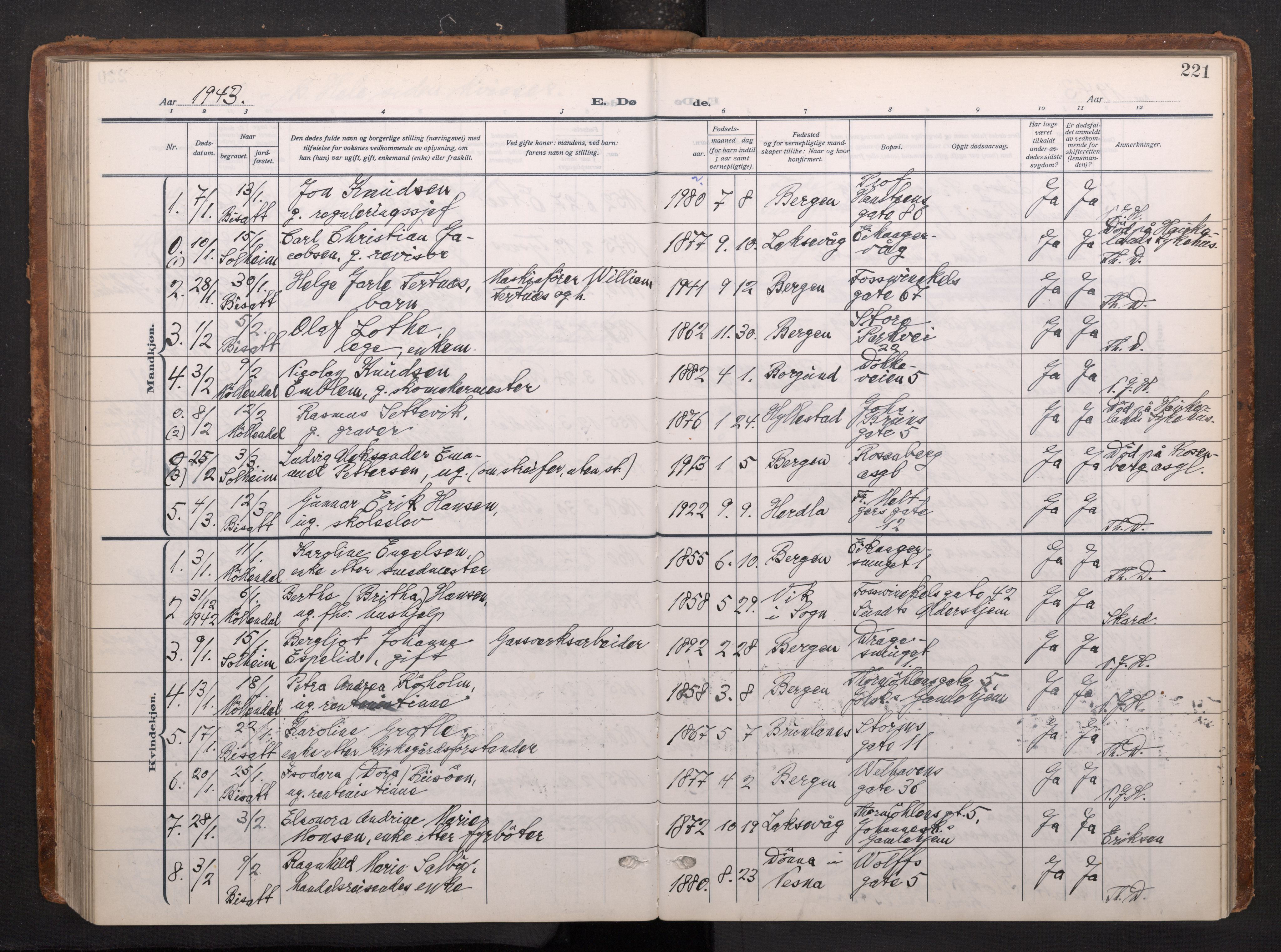 Johanneskirken sokneprestembete, AV/SAB-A-76001/H/Haa/L0020: Parish register (official) no. E 2, 1916-1951, p. 221