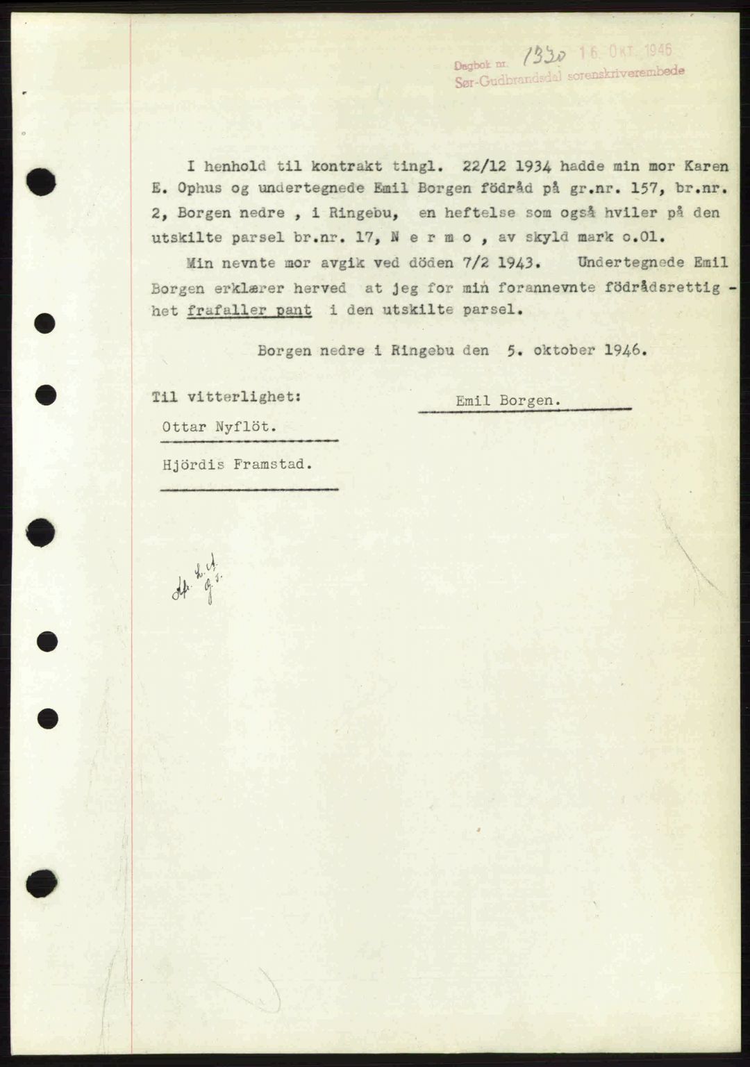 Sør-Gudbrandsdal tingrett, SAH/TING-004/H/Hb/Hbf/L0004: Mortgage book no. C5b, 1945-1951, Diary no: : 1330/1946