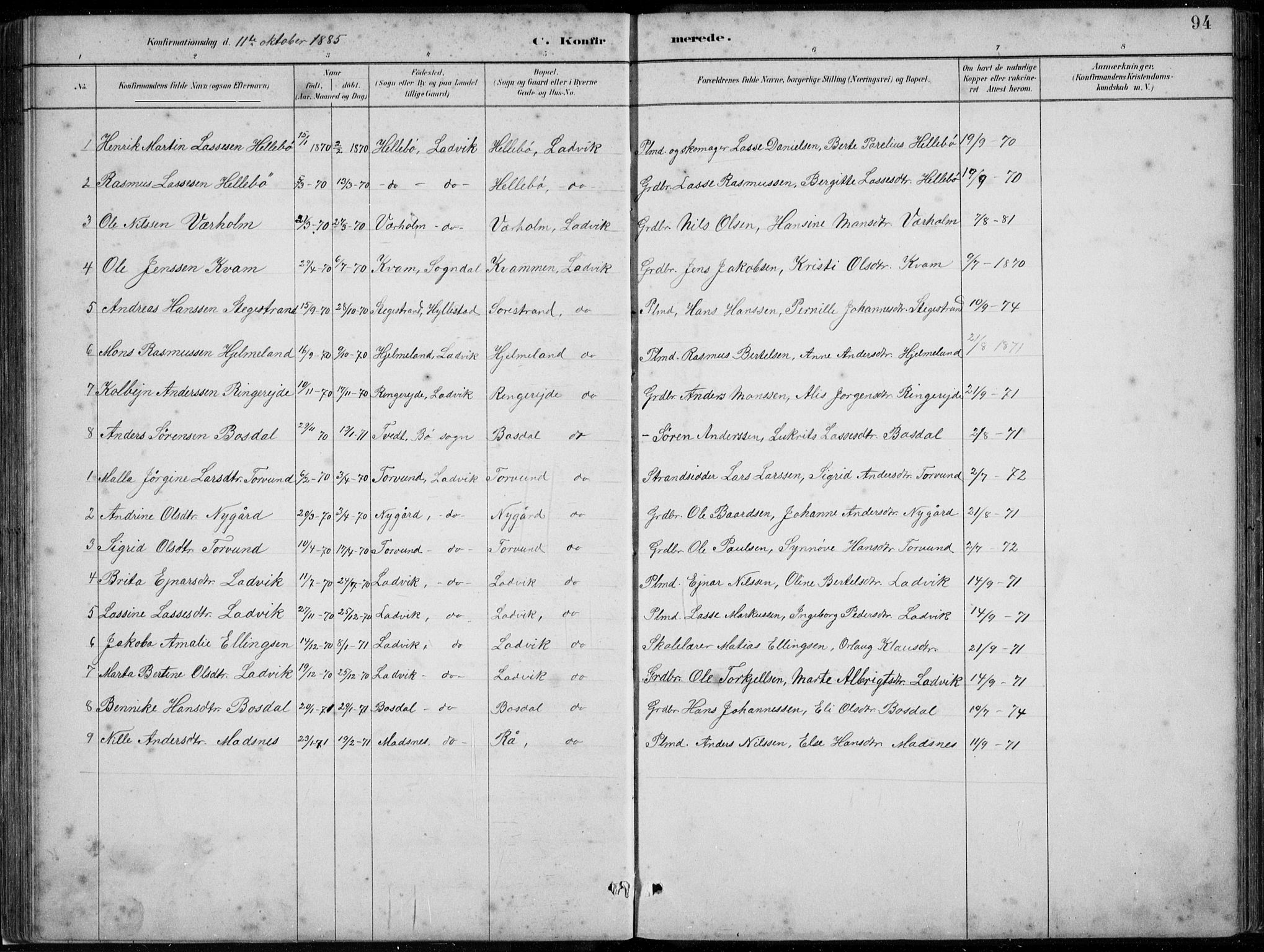 Lavik sokneprestembete, SAB/A-80901: Parish register (copy) no. A 2, 1882-1910, p. 94