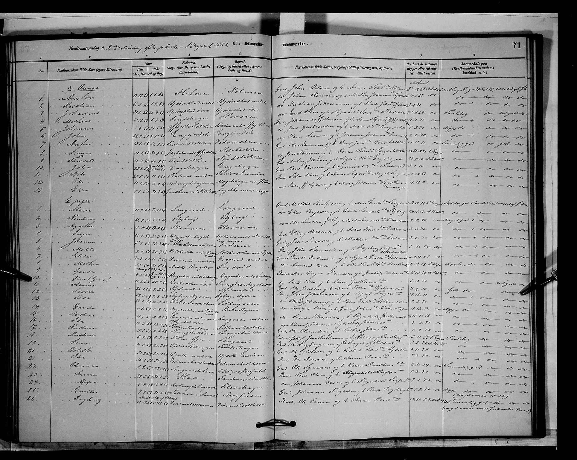 Øyer prestekontor, AV/SAH-PREST-084/H/Ha/Hab/L0003: Parish register (copy) no. 3, 1878-1893, p. 71