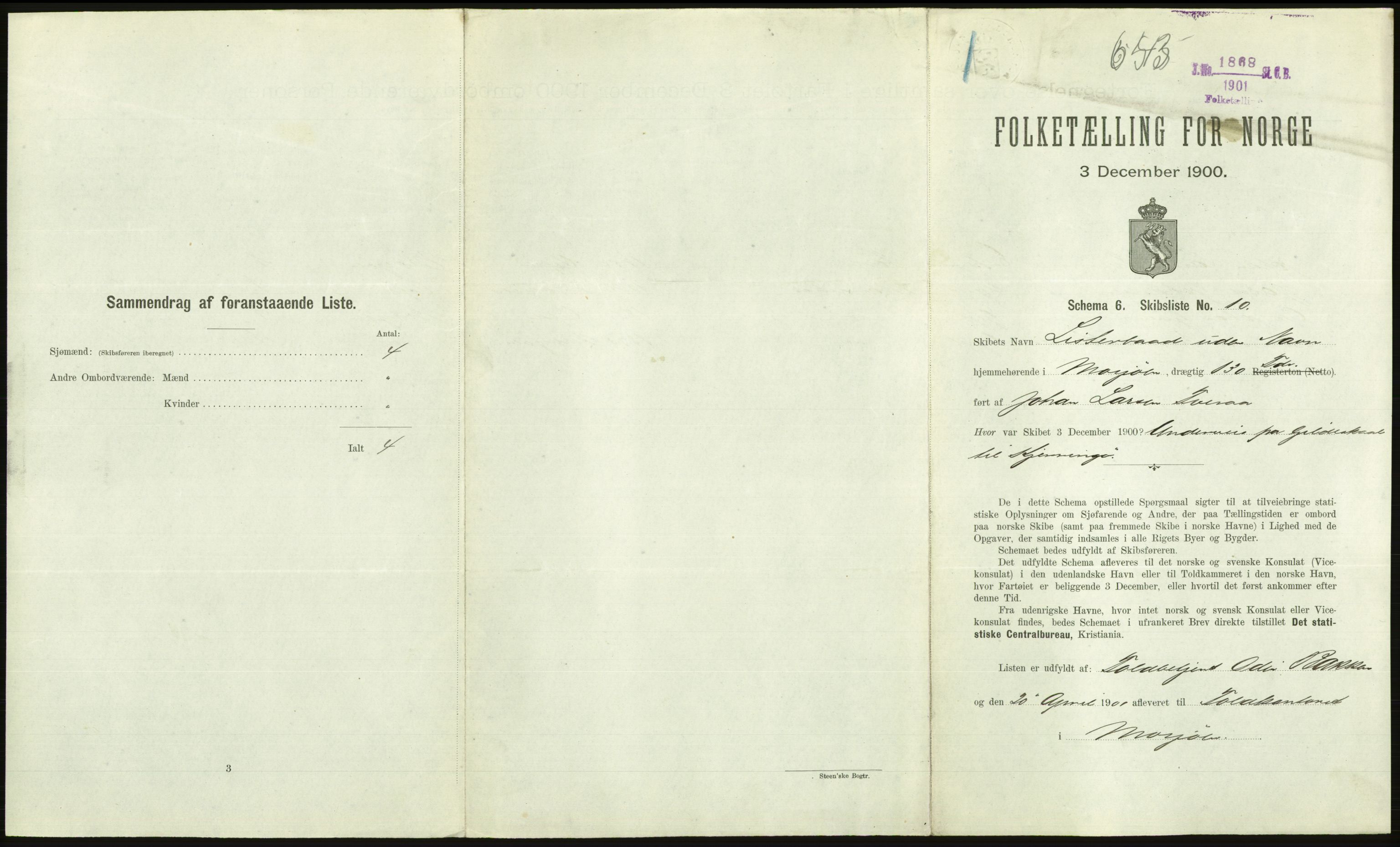 RA, 1900 Census - ship lists from ships in Norwegian harbours, harbours abroad and at sea, 1900, p. 2605