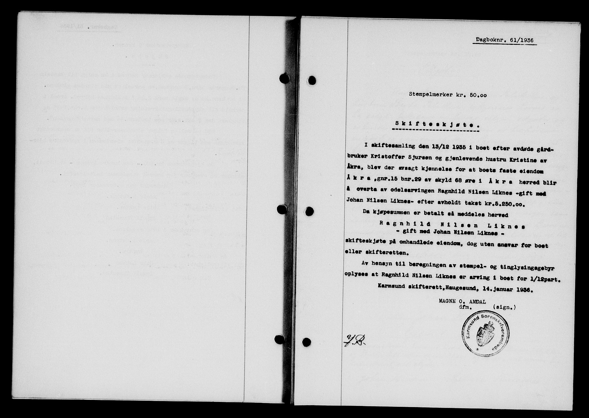 Karmsund sorenskriveri, SAST/A-100311/01/II/IIB/L0066: Mortgage book no. 47A, 1936-1936, Diary no: : 61/1936