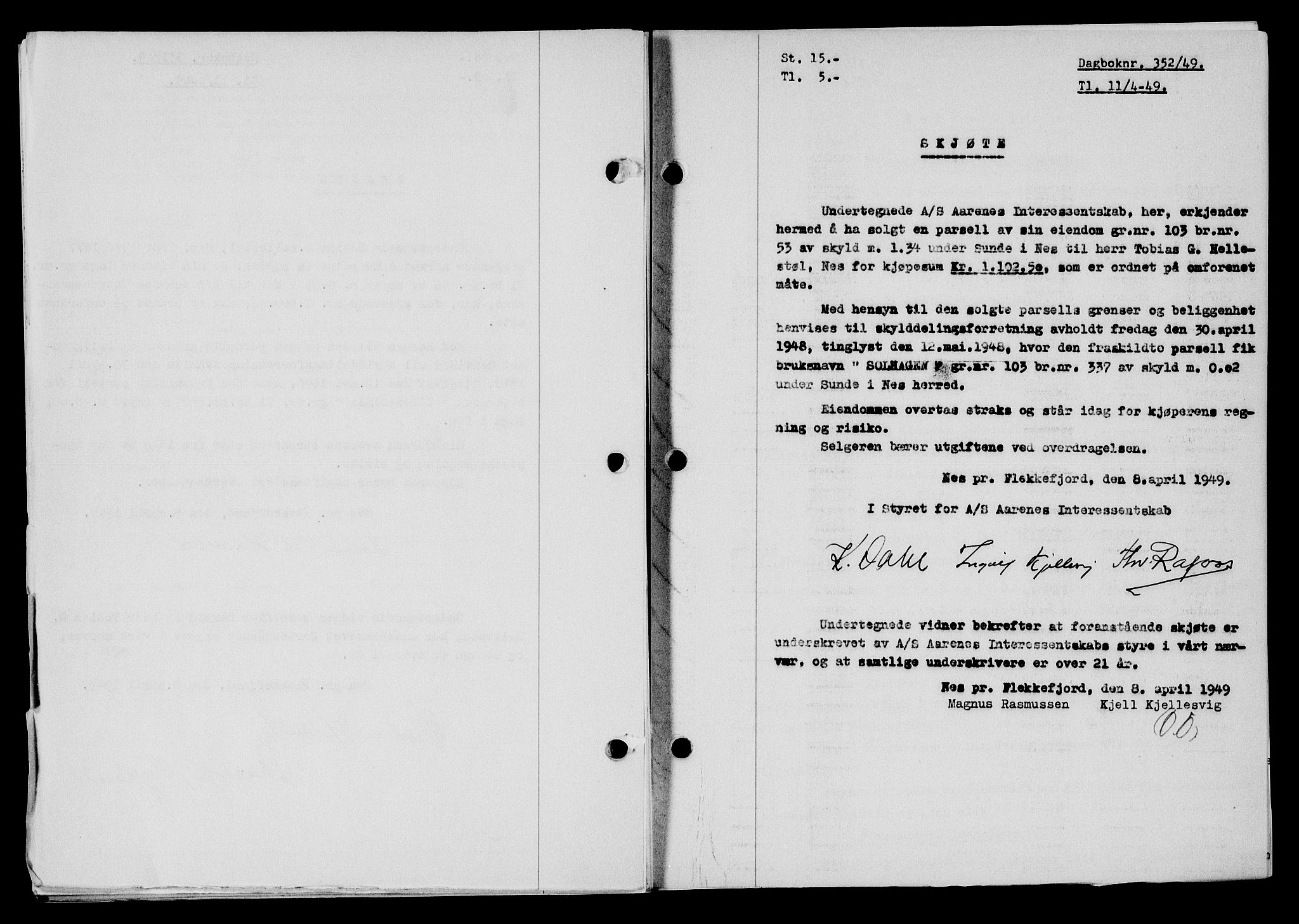 Flekkefjord sorenskriveri, SAK/1221-0001/G/Gb/Gba/L0065: Mortgage book no. A-13, 1949-1949, Diary no: : 352/1949
