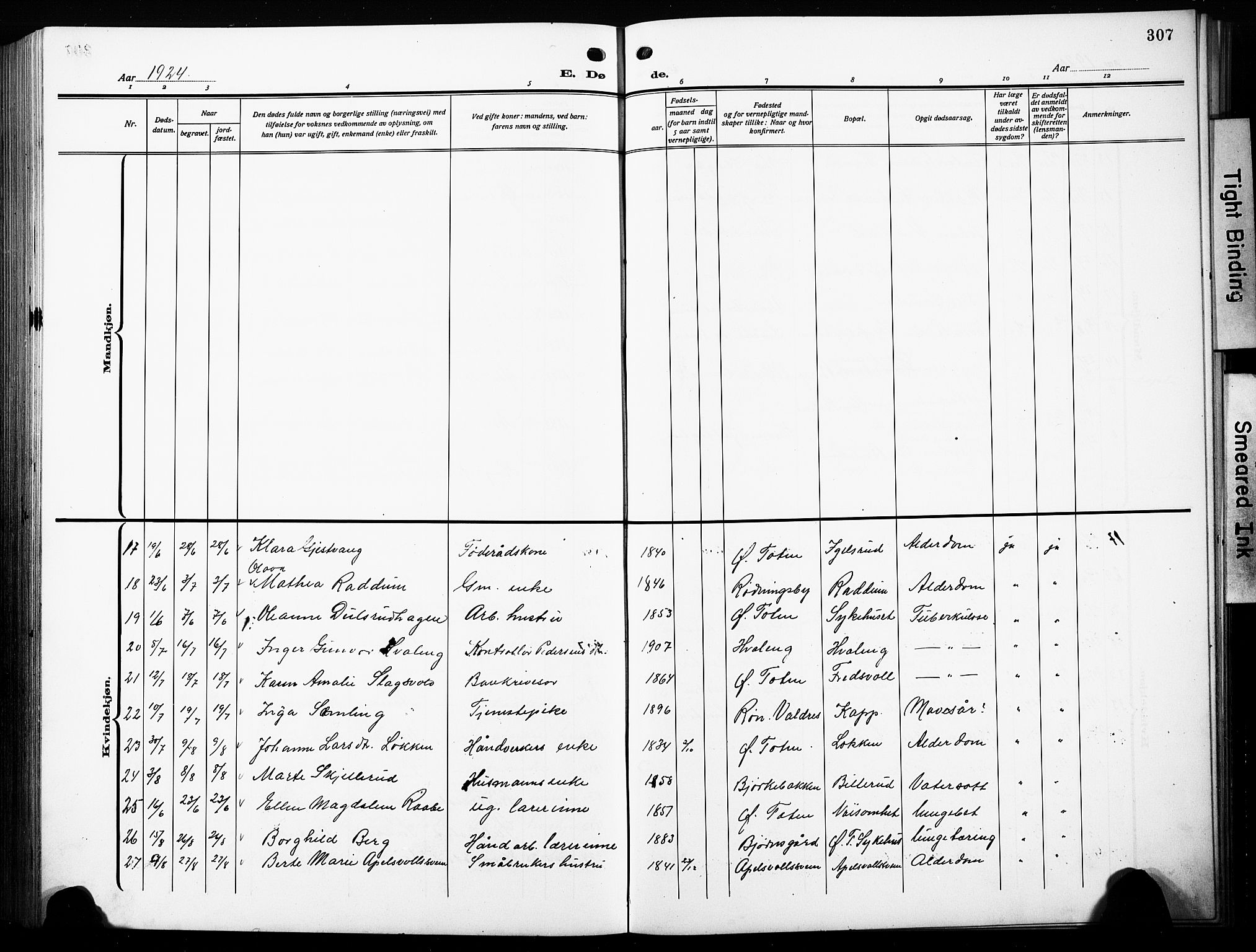 Østre Toten prestekontor, AV/SAH-PREST-104/H/Ha/Hab/L0010: Parish register (copy) no. 10, 1912-1933, p. 307