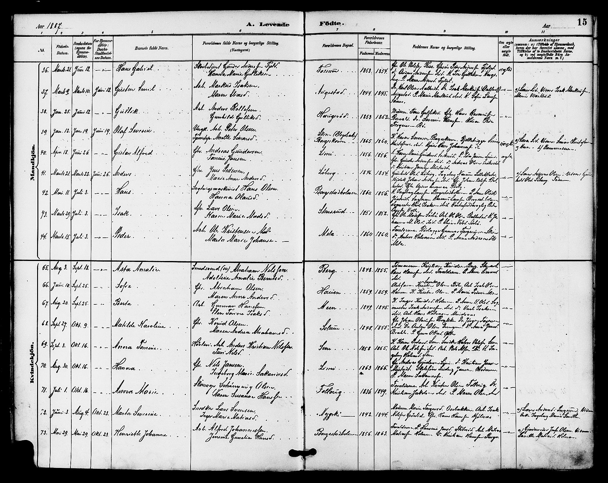 Gjerpen kirkebøker, AV/SAKO-A-265/F/Fa/L0010: Parish register (official) no. I 10, 1886-1895, p. 15