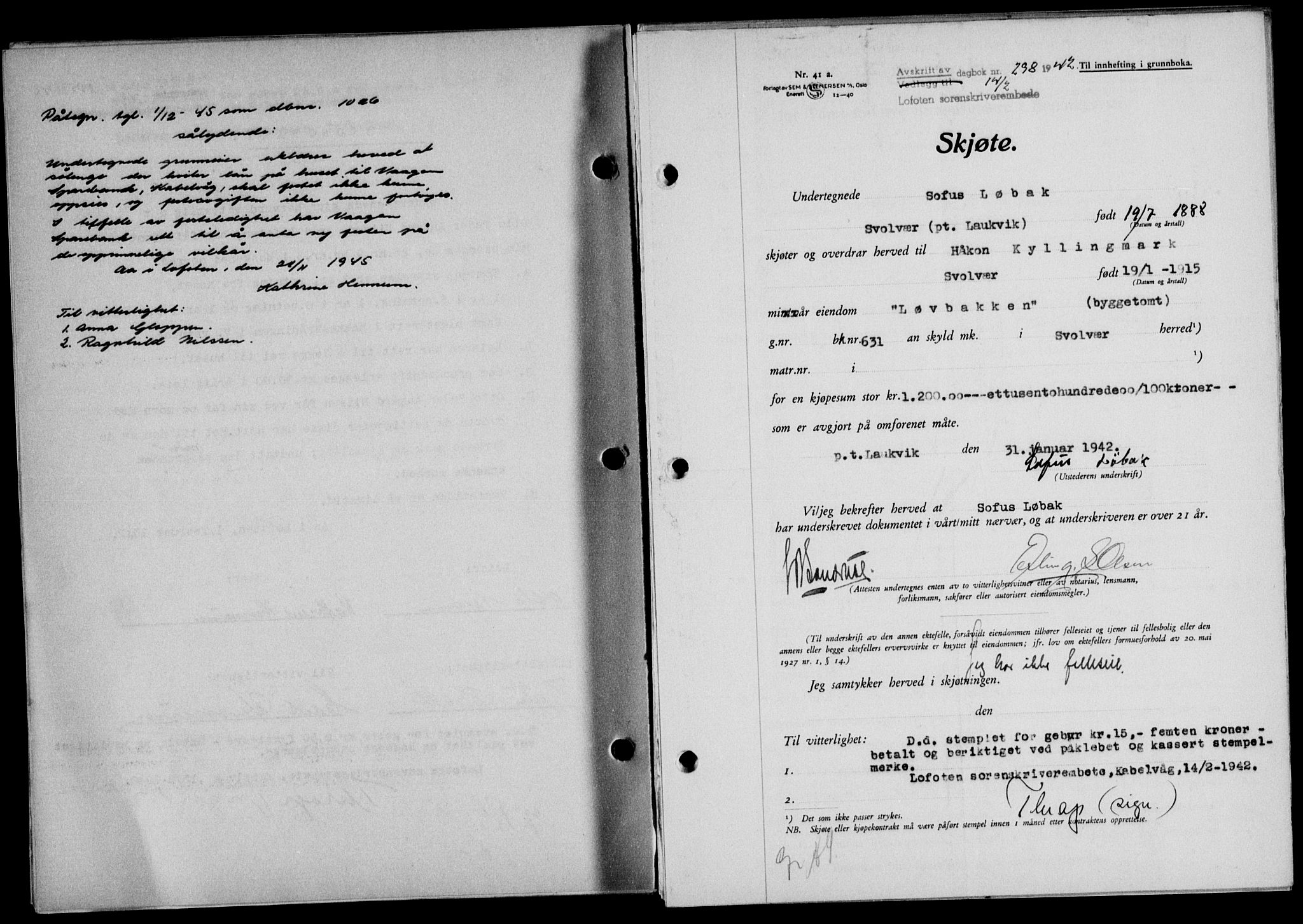 Lofoten sorenskriveri, SAT/A-0017/1/2/2C/L0009a: Mortgage book no. 9a, 1941-1942, Diary no: : 298/1942