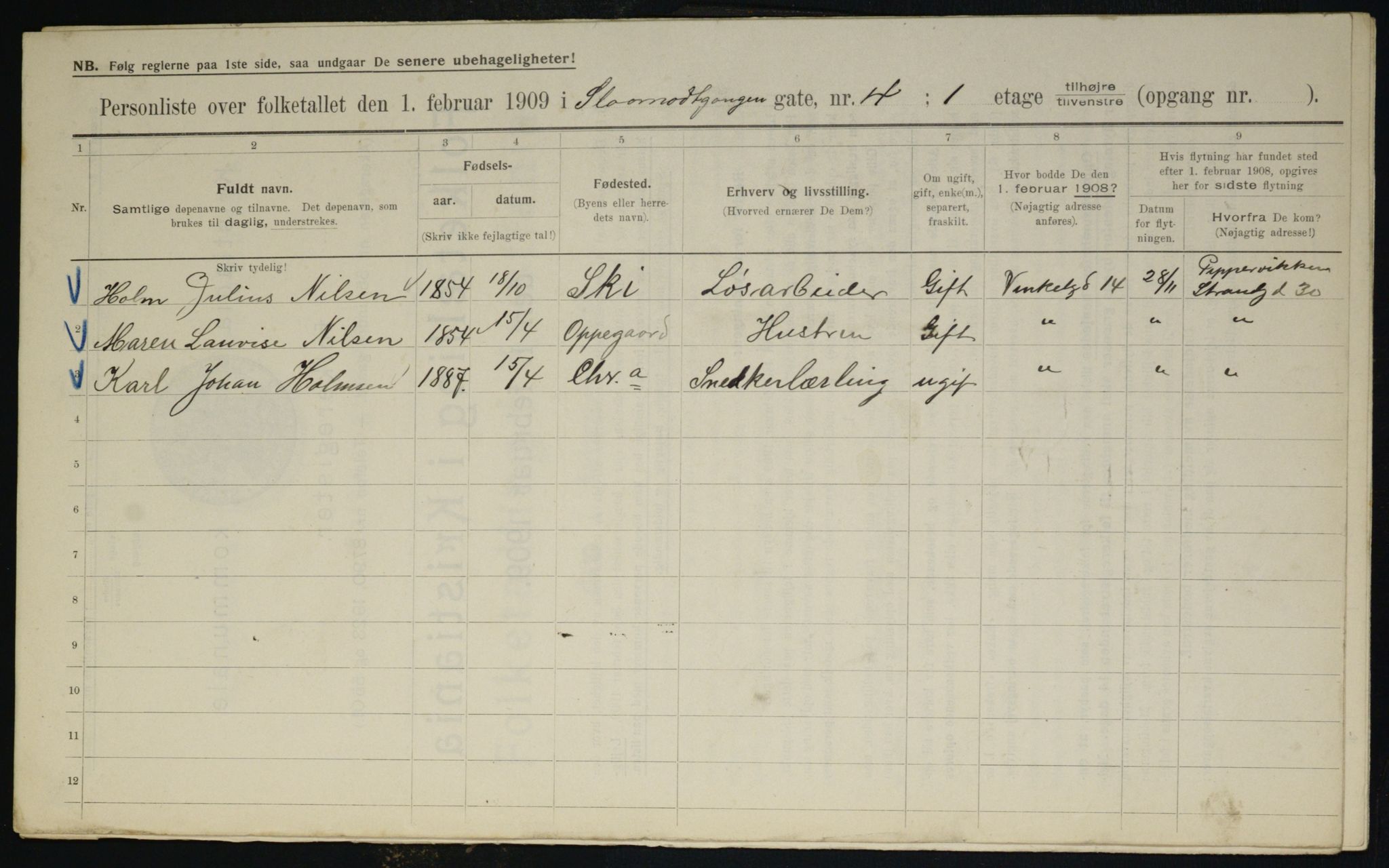 OBA, Municipal Census 1909 for Kristiania, 1909, p. 87914