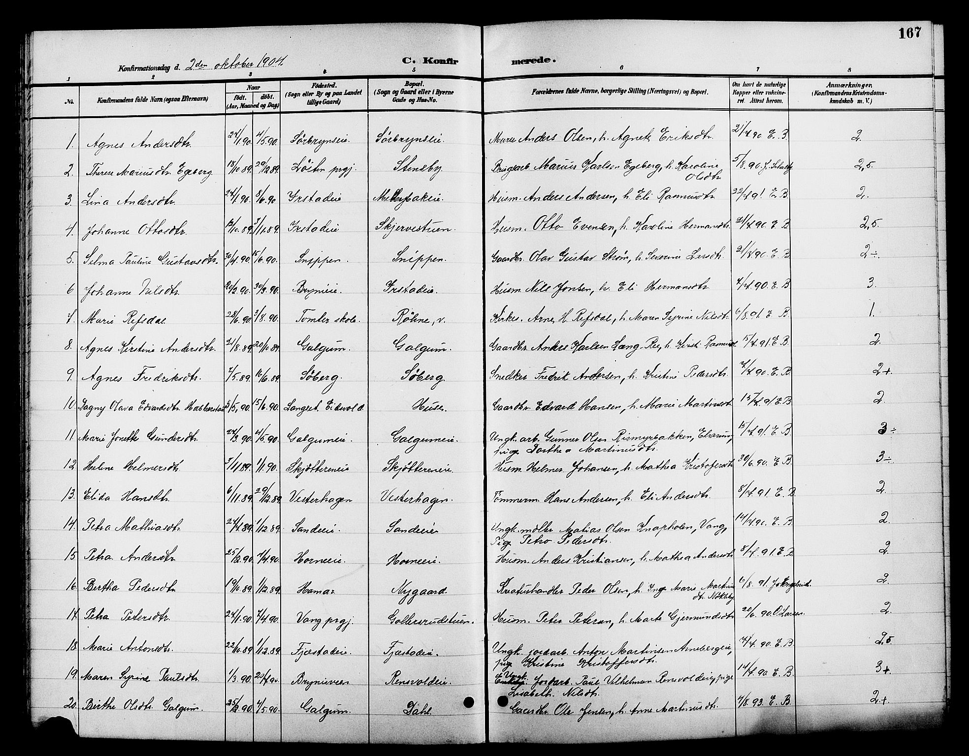 Romedal prestekontor, AV/SAH-PREST-004/L/L0012: Parish register (copy) no. 12, 1896-1914, p. 167