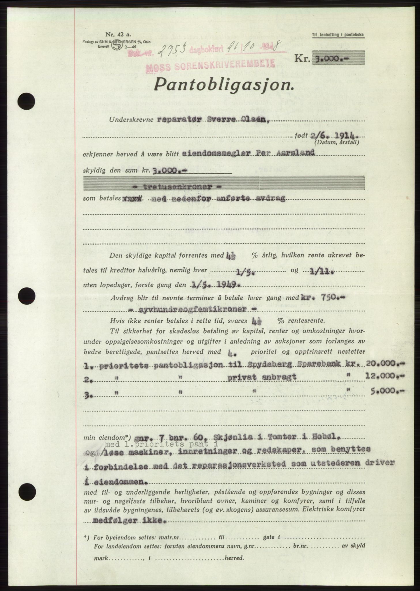 Moss sorenskriveri, AV/SAO-A-10168: Mortgage book no. B20, 1948-1948, Diary no: : 2753/1948