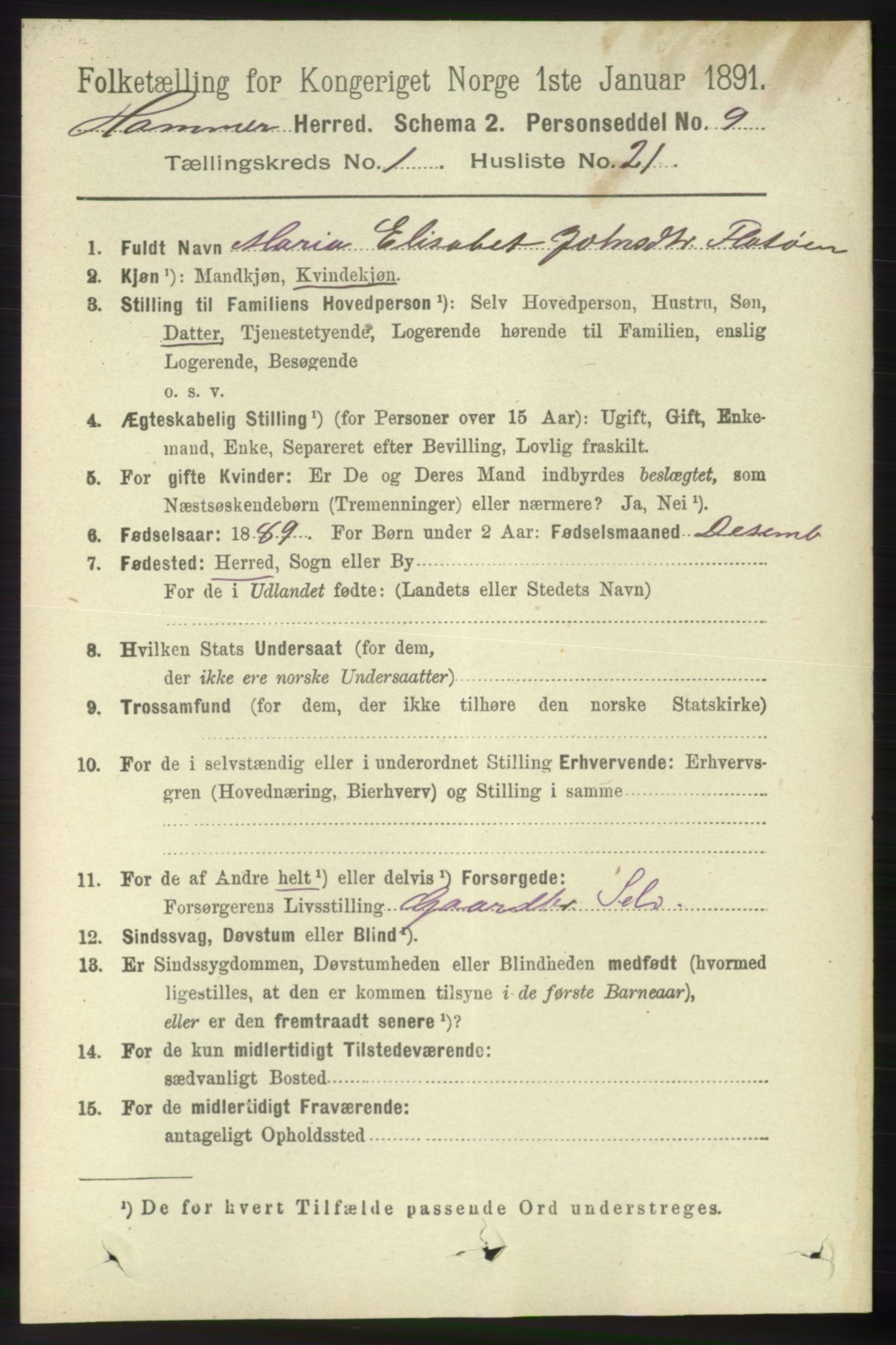 RA, 1891 census for 1254 Hamre, 1891, p. 183