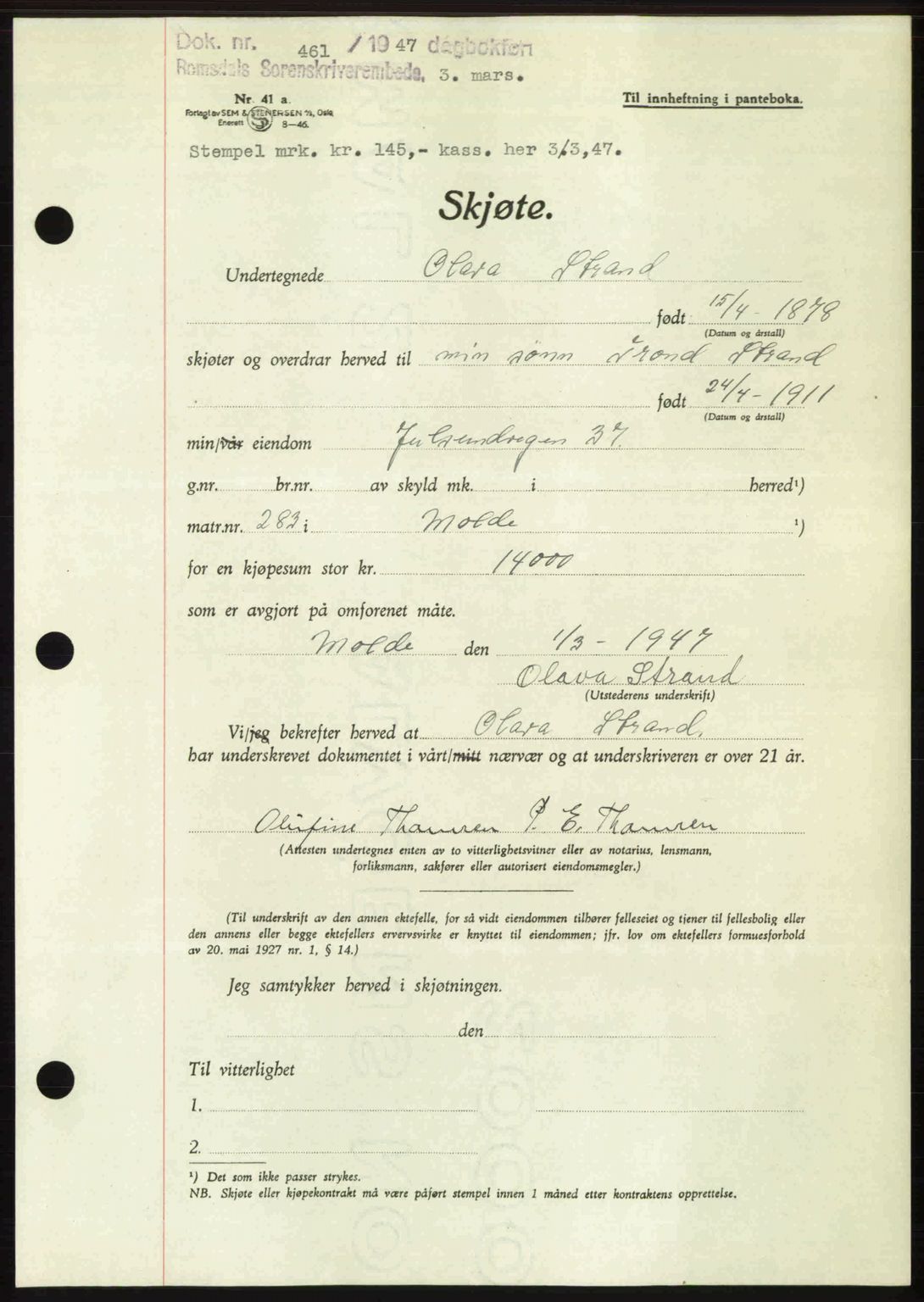 Romsdal sorenskriveri, AV/SAT-A-4149/1/2/2C: Mortgage book no. A22, 1947-1947, Diary no: : 461/1947