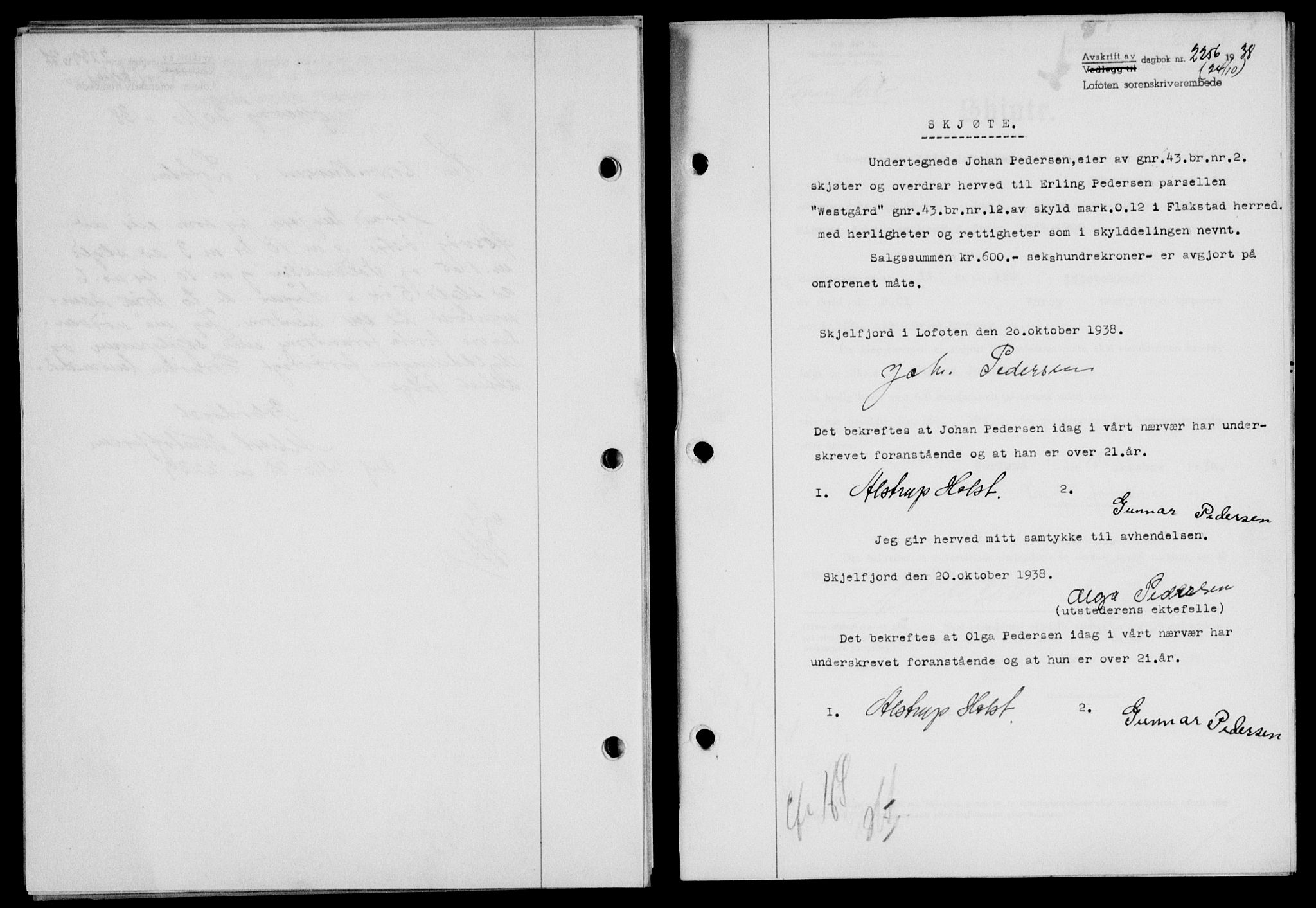 Lofoten sorenskriveri, SAT/A-0017/1/2/2C/L0004a: Mortgage book no. 4a, 1938-1938, Diary no: : 2256/1938