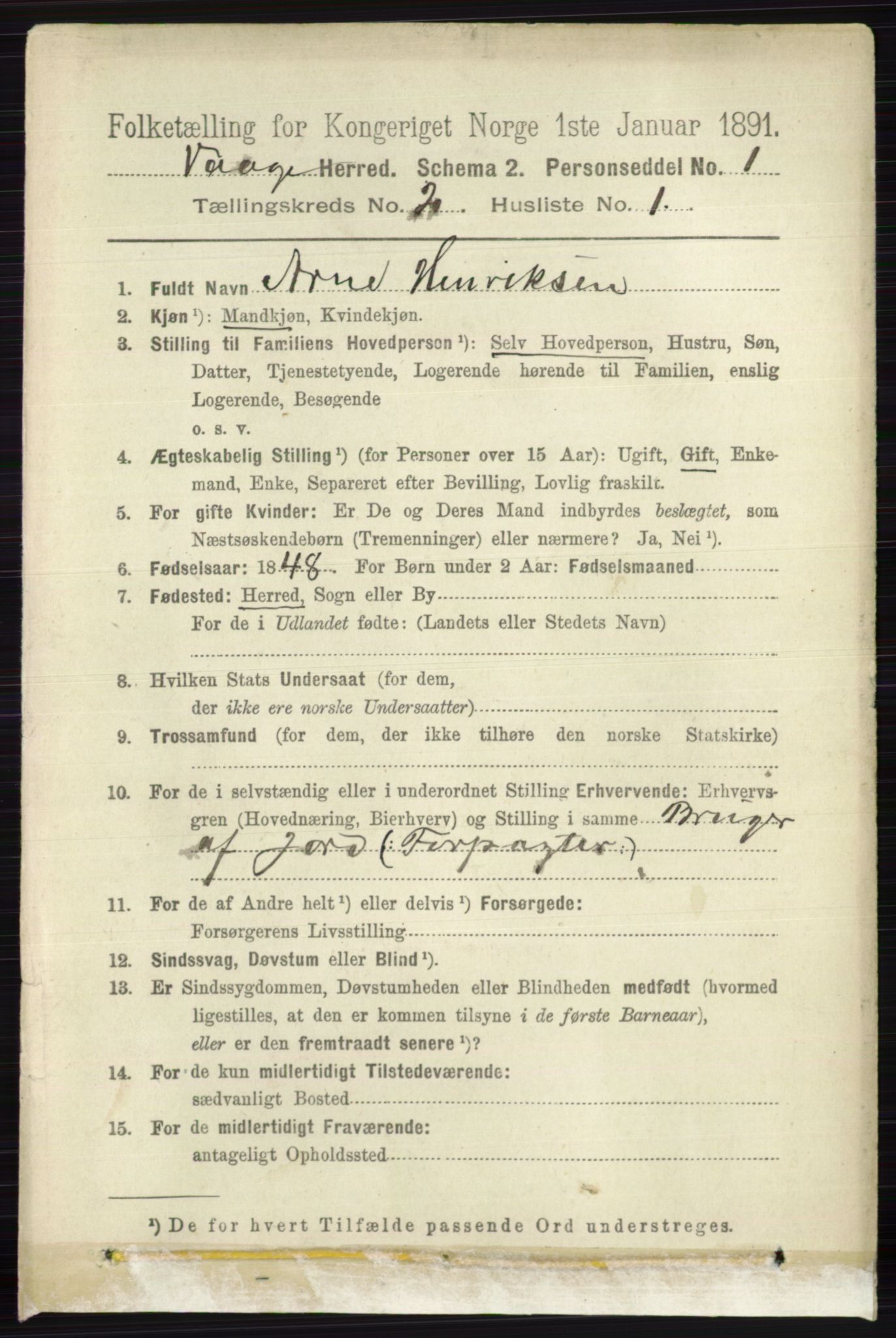 RA, 1891 census for 0515 Vågå, 1891, p. 1135