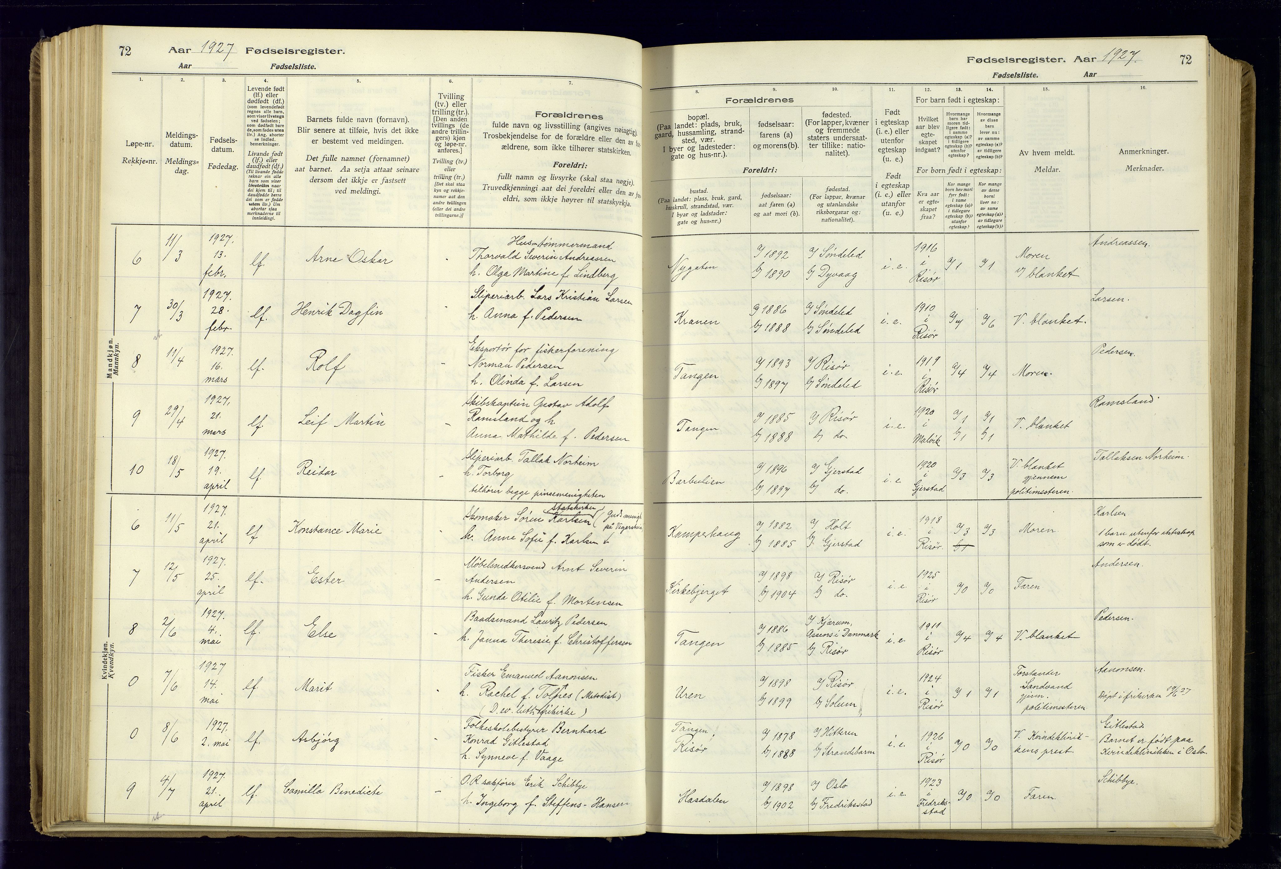 Risør sokneprestkontor, AV/SAK-1111-0035/J/Ja/L0001: Birth register no. A-VI-13, 1916-1947, p. 72