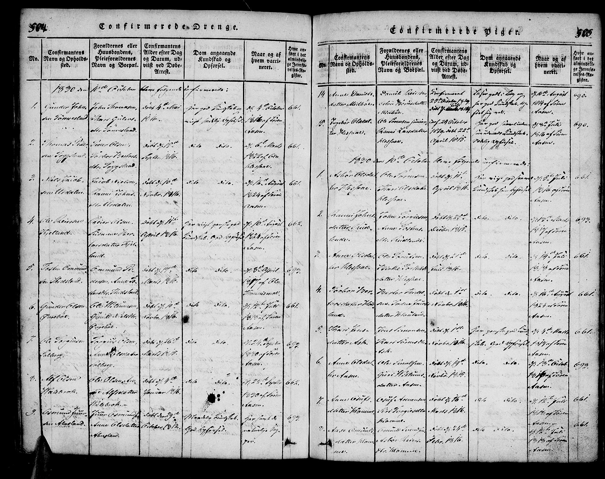 Bjelland sokneprestkontor, SAK/1111-0005/F/Fa/Faa/L0002: Parish register (official) no. A 2, 1816-1866, p. 504-505