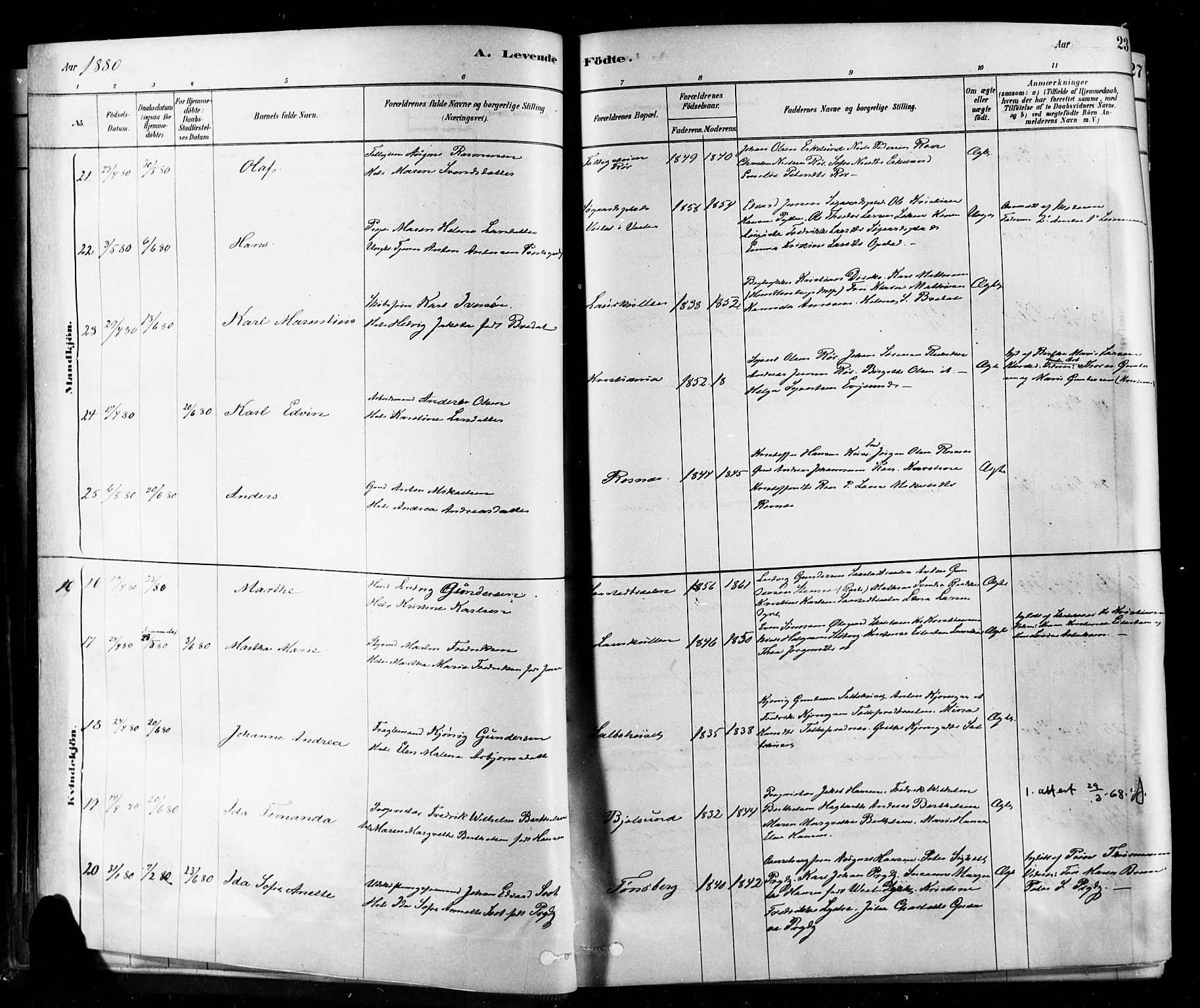 Rygge prestekontor Kirkebøker, SAO/A-10084b/F/Fa/L0007: Parish register (official) no. 7, 1878-1904, p. 23