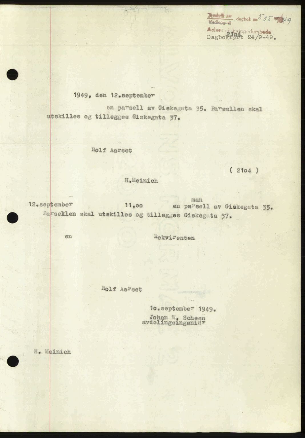 Ålesund byfogd, AV/SAT-A-4384: Mortgage book no. 37A (2), 1949-1950, Diary no: : 505/1949