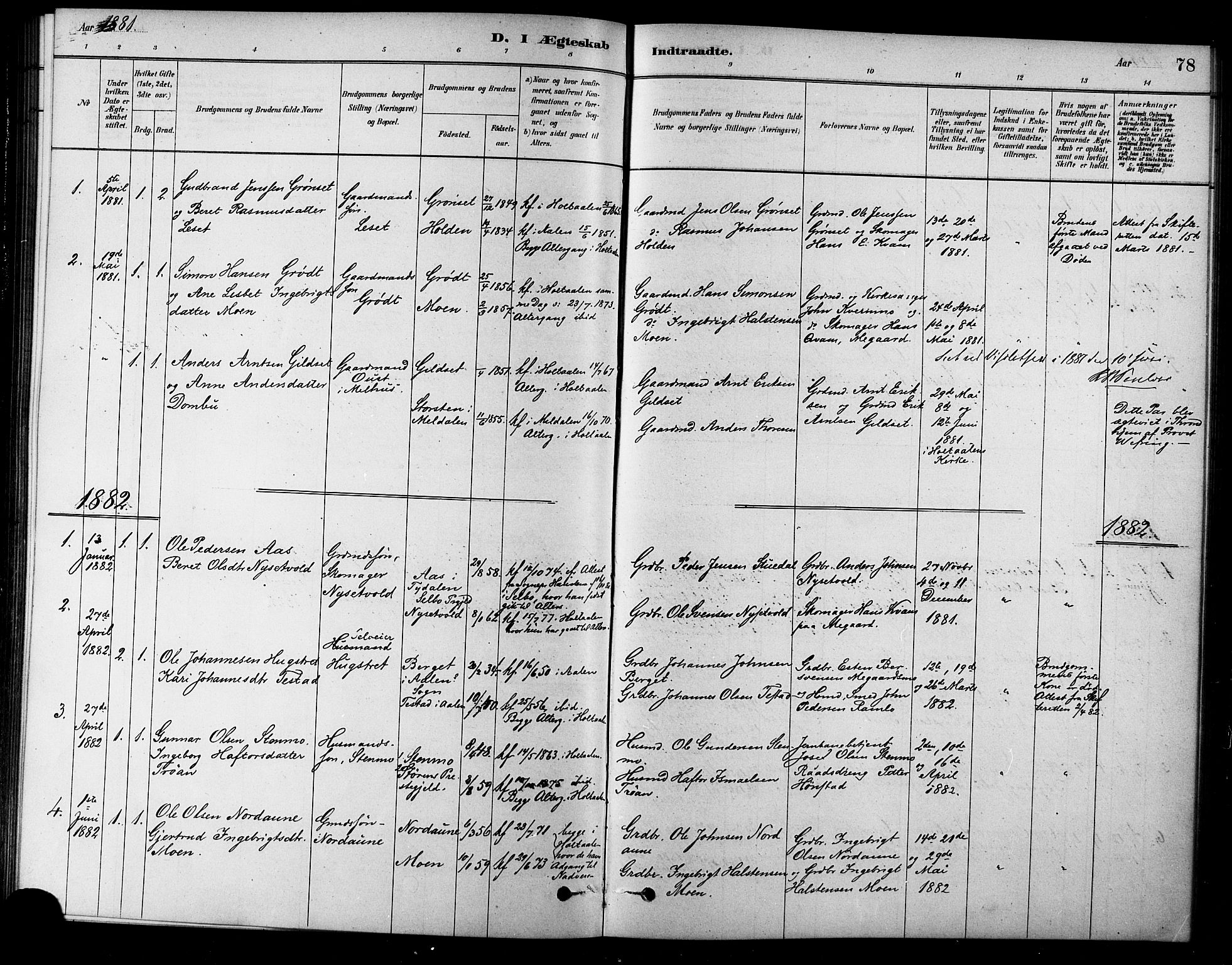 Ministerialprotokoller, klokkerbøker og fødselsregistre - Sør-Trøndelag, AV/SAT-A-1456/685/L0972: Parish register (official) no. 685A09, 1879-1890, p. 78