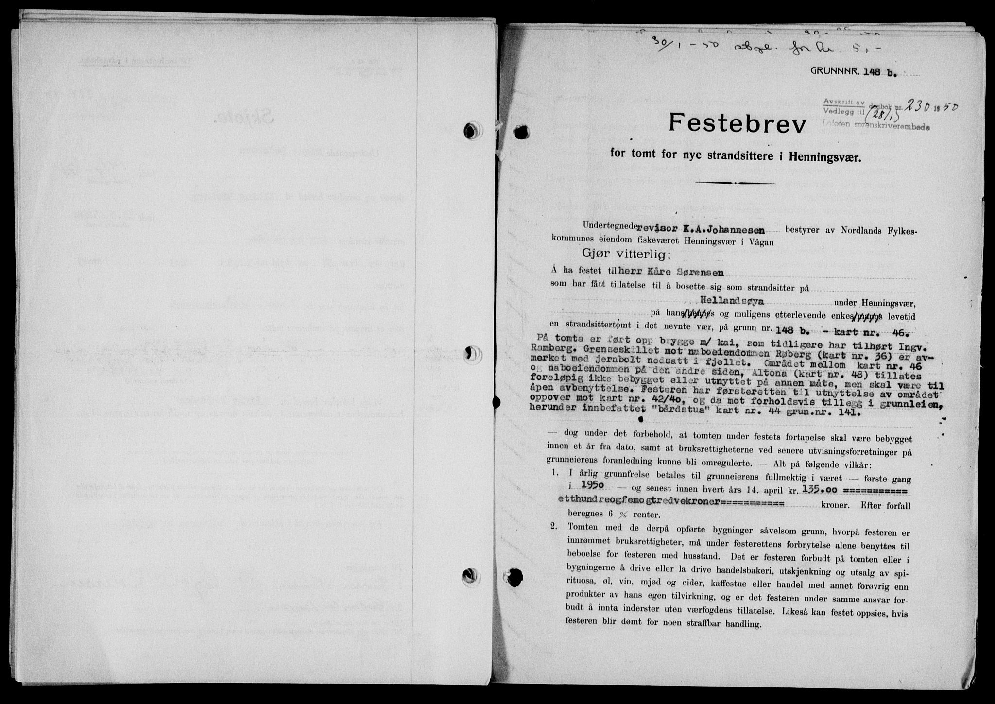 Lofoten sorenskriveri, SAT/A-0017/1/2/2C/L0022a: Mortgage book no. 22a, 1949-1950, Diary no: : 230/1950
