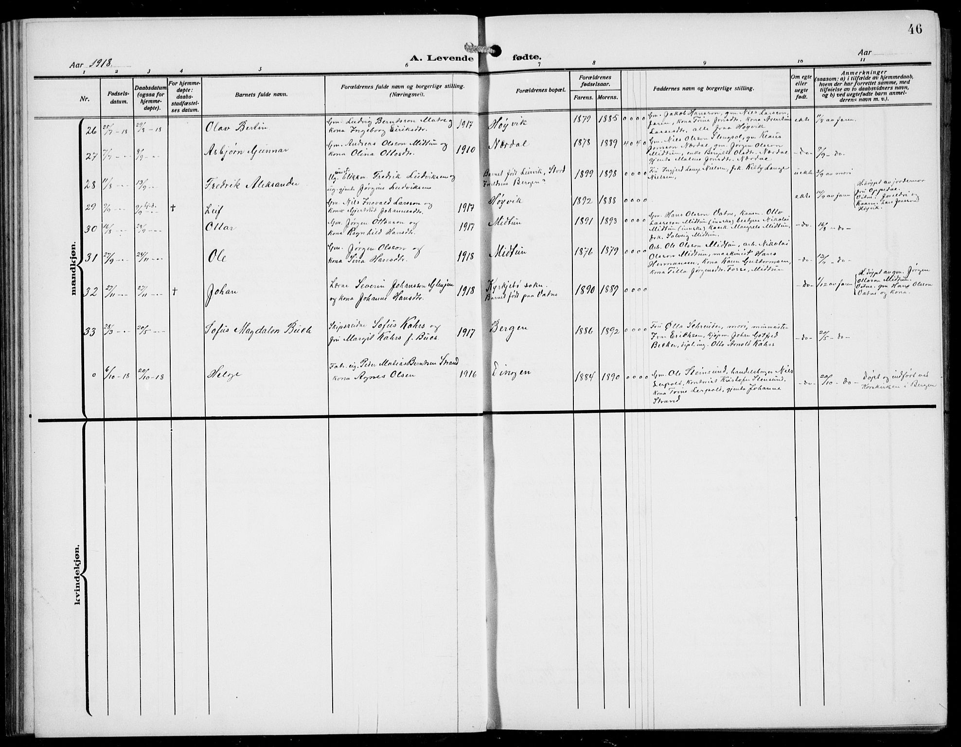 Gulen sokneprestembete, AV/SAB-A-80201/H/Hab/Habb/L0004: Parish register (copy) no. B 4, 1908-1936, p. 46