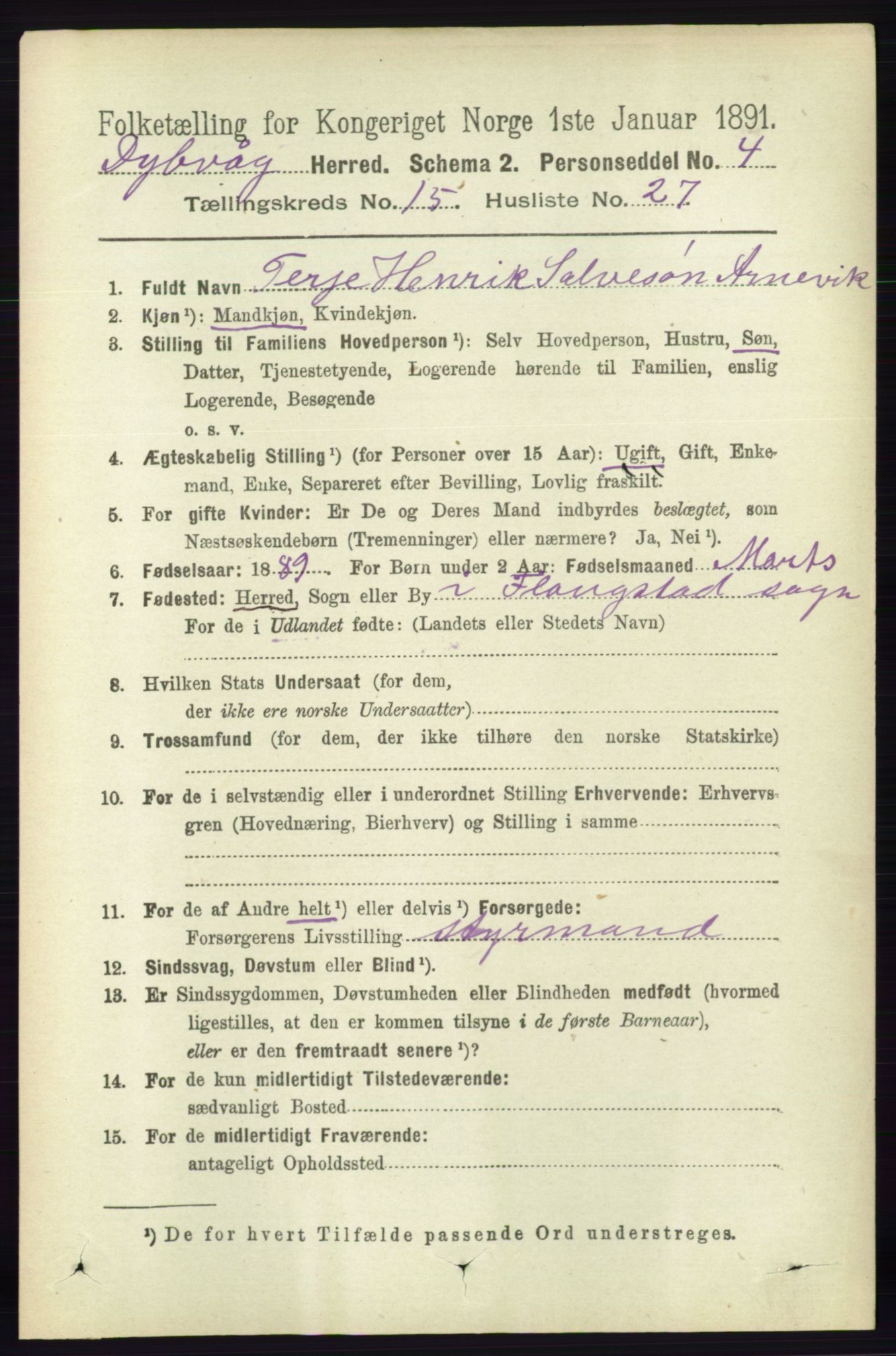 RA, 1891 census for 0915 Dypvåg, 1891, p. 6259