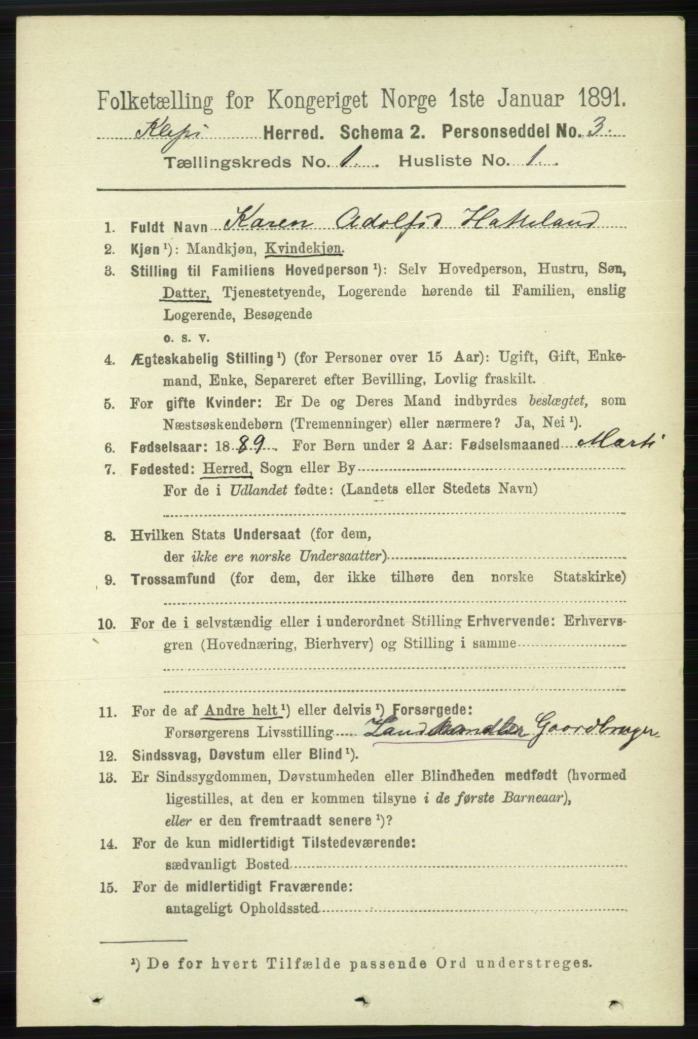 RA, 1891 census for 1120 Klepp, 1891, p. 67